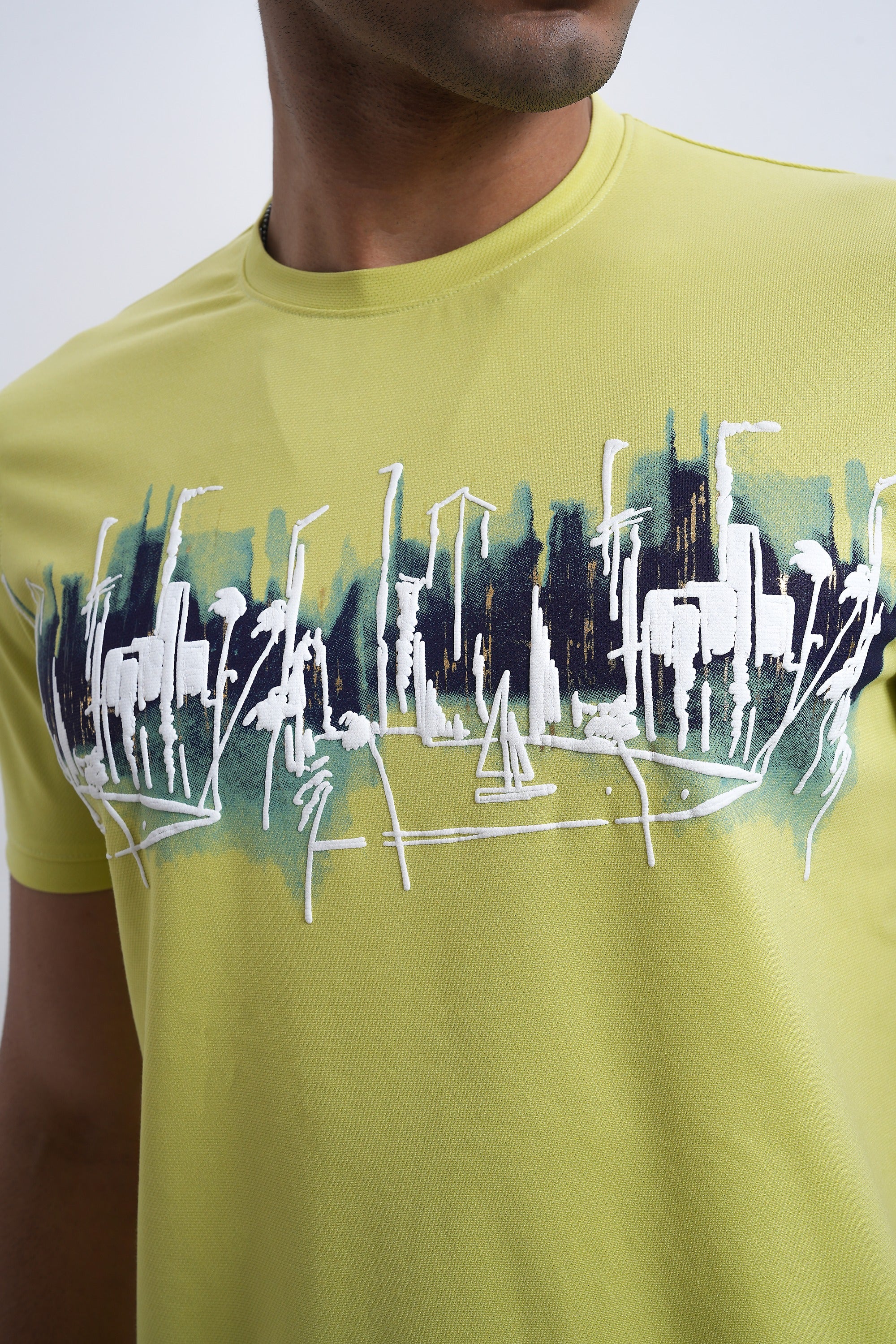 Men Lime Green Cityscape Abstract Graphic T-shirt