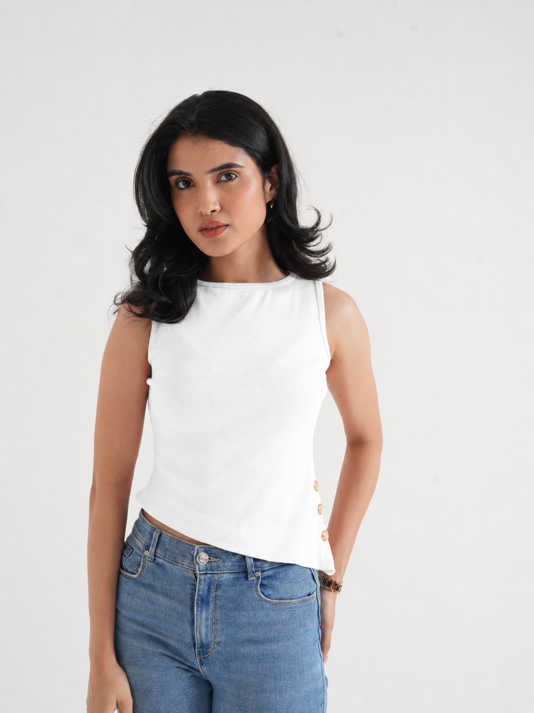 Off-White Ribbed Sleeveless Side-Button Top