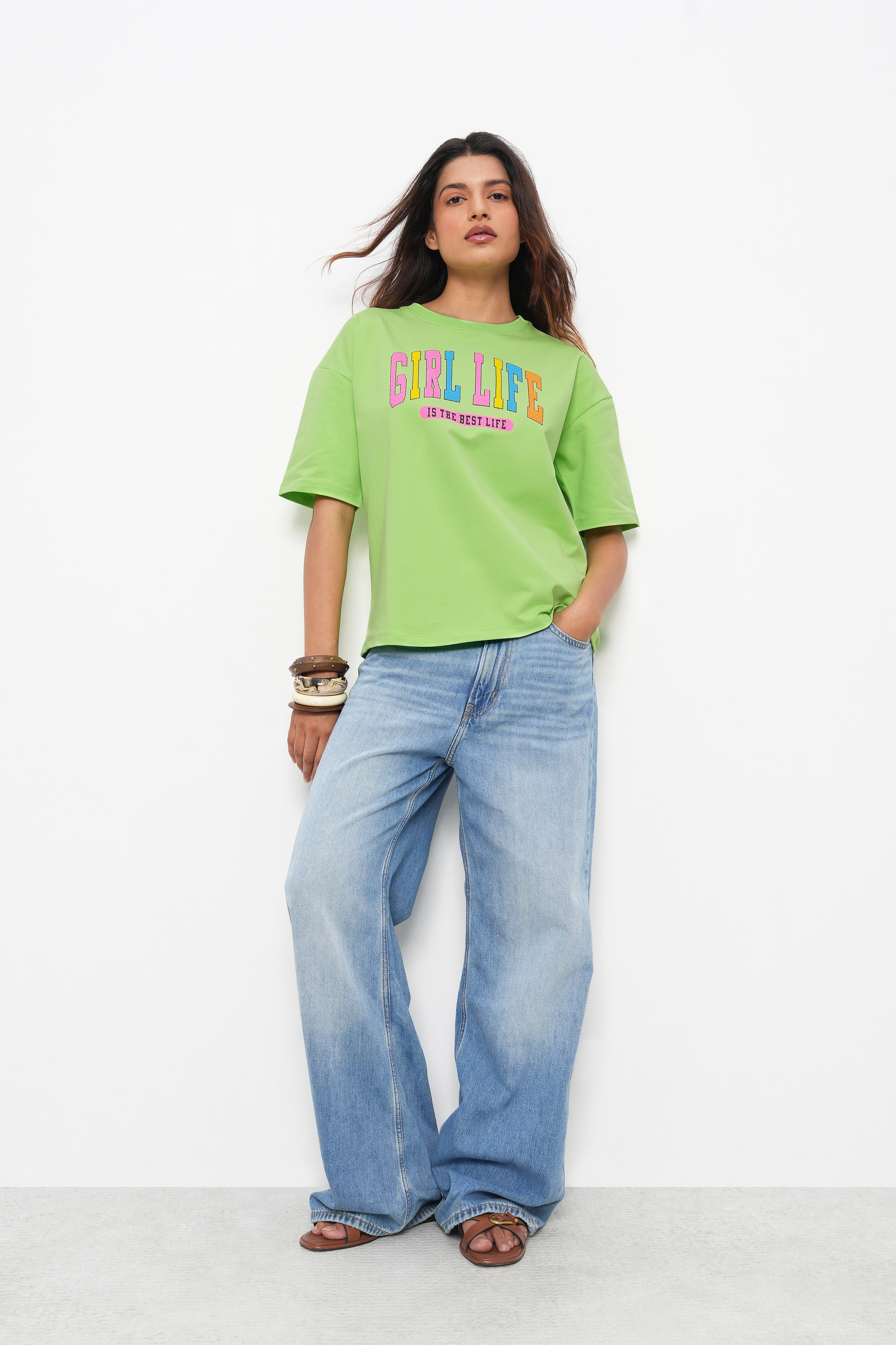 BONNATY LIME PRINTED RELAXED FIT COTTON T-SHIRT