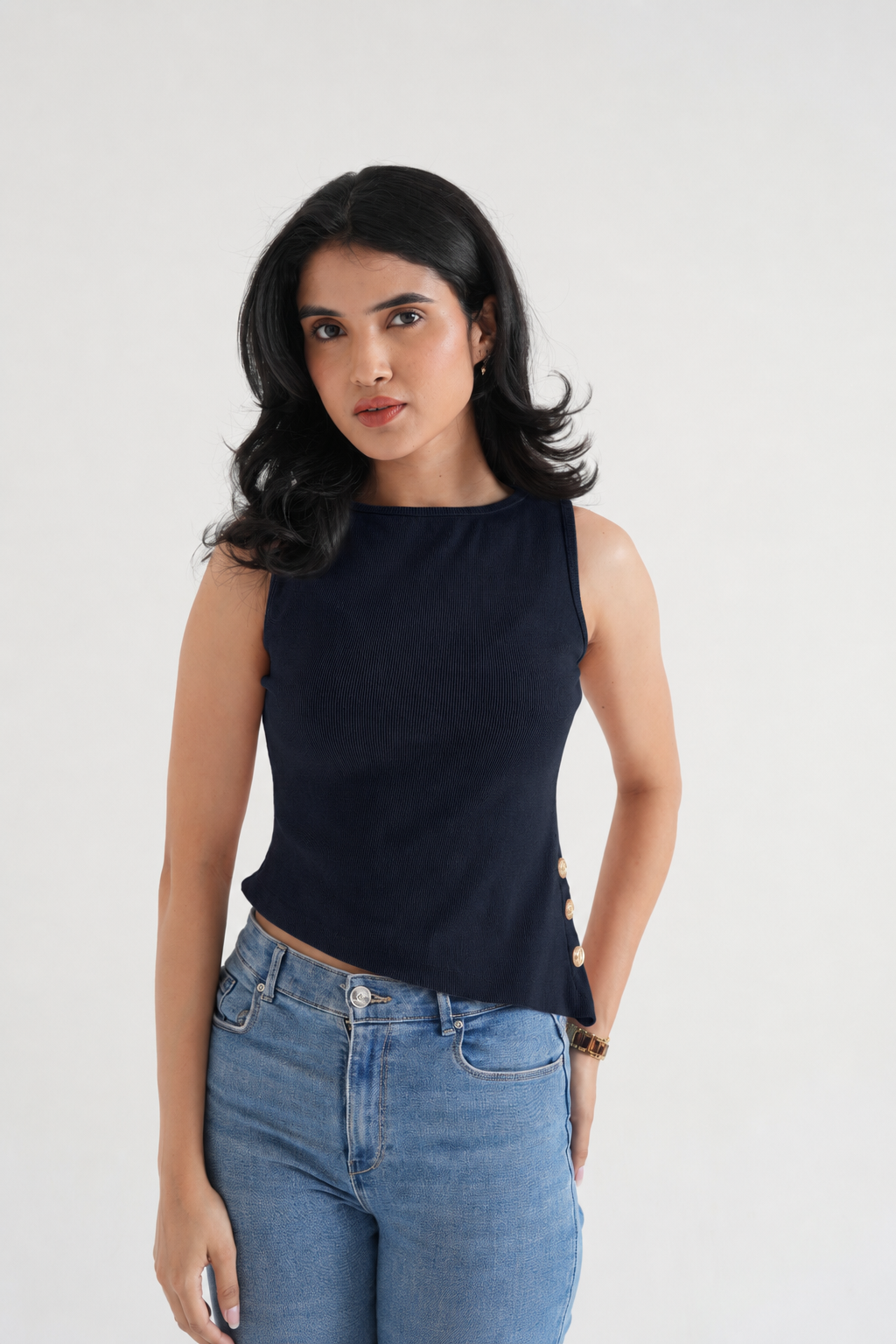 Black Ribbed Sleeveless Side-Button Top
