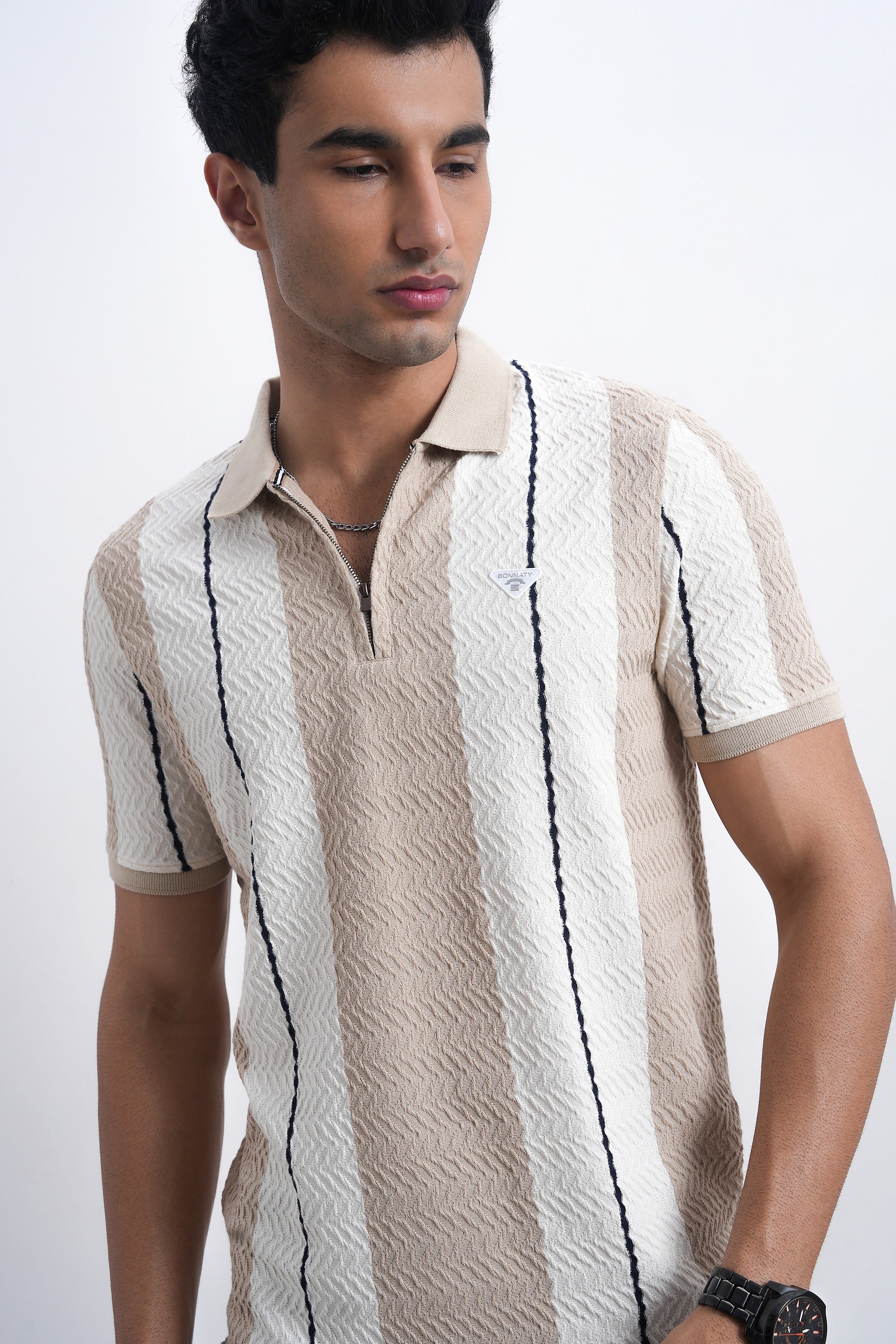 Men Textured Knit Vertical Stripe Zip Polo – Beige & Cream