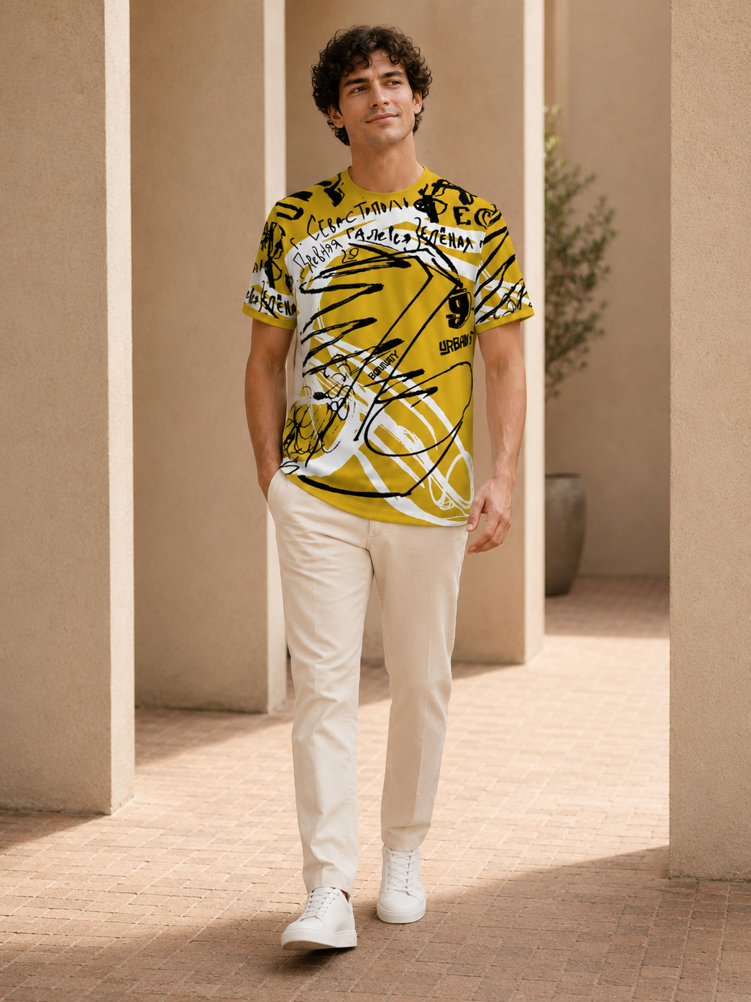 Men Mustard Yellow Abstract Scribble & Typography Printed T-Shirt-4