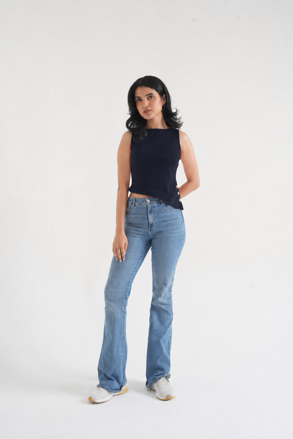 Black Ribbed Sleeveless Side-Button Top