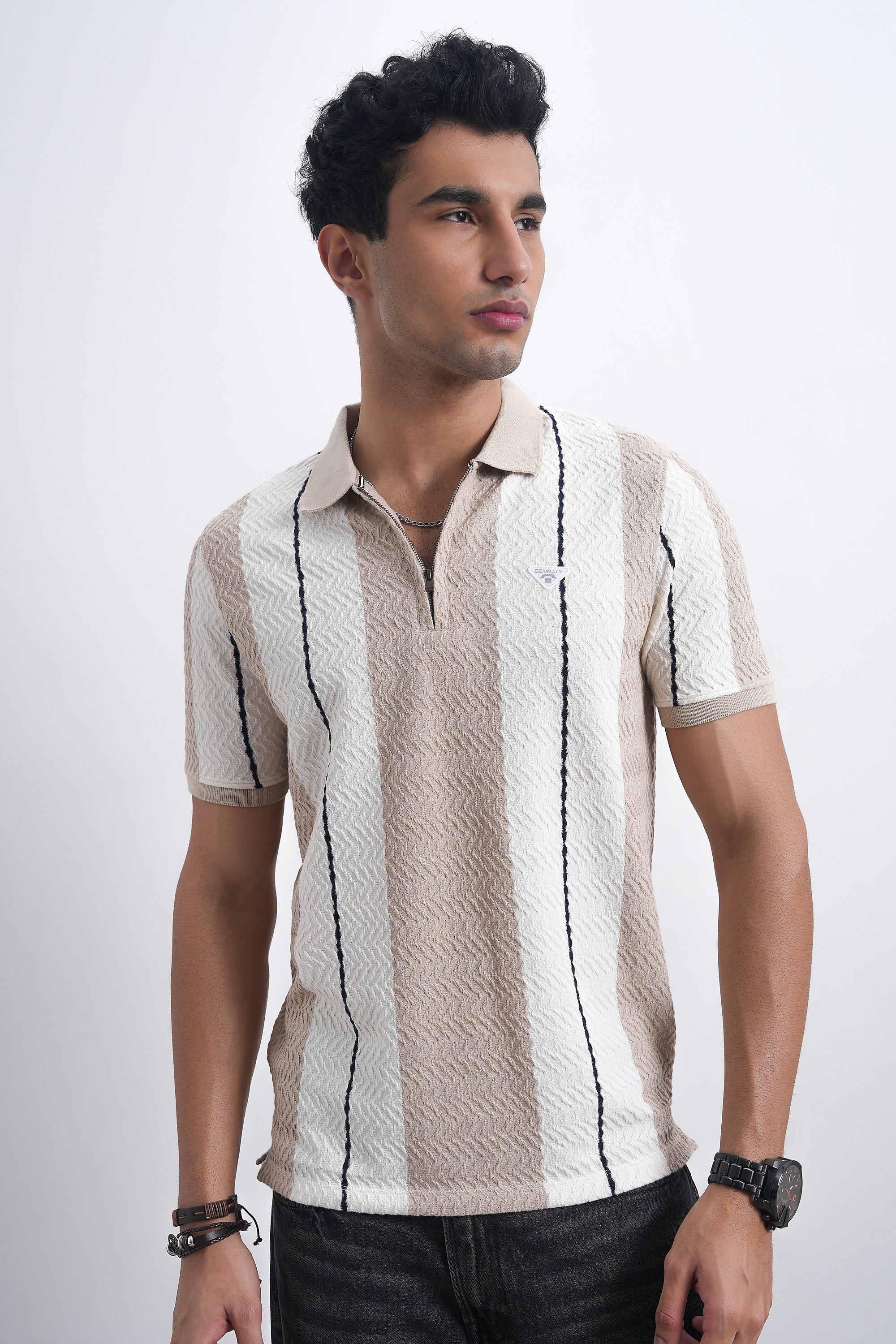 Men Textured Knit Vertical Stripe Zip Polo – Beige & Cream