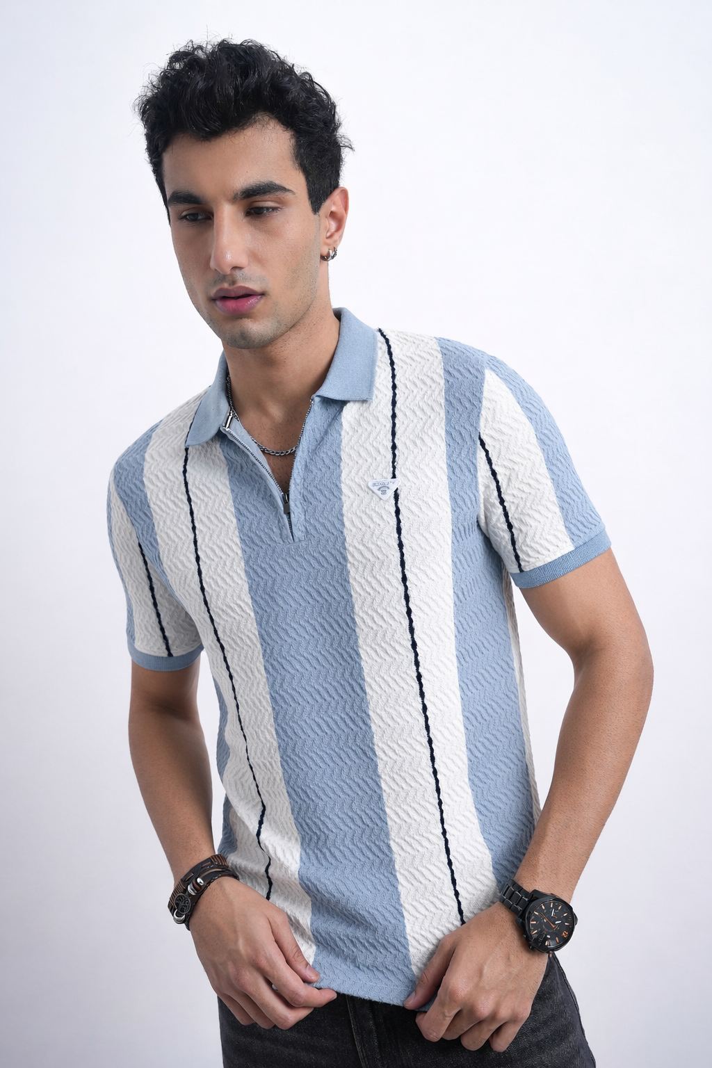 Men Textured Knit Vertical Stripe Zip Polo – Sky & Cream-3
