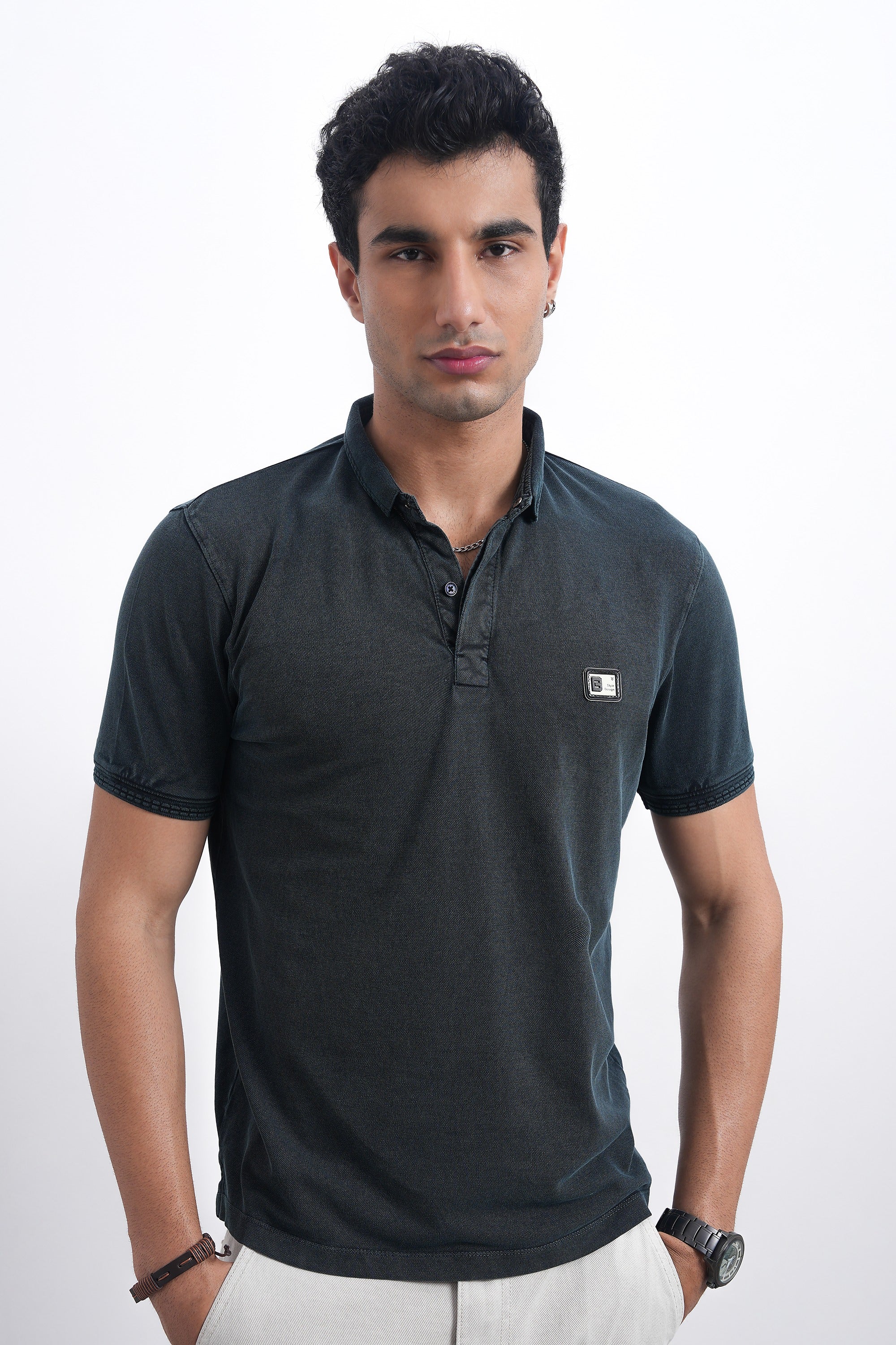 Men Textured Blue Denim Slim-Fit Polo-3