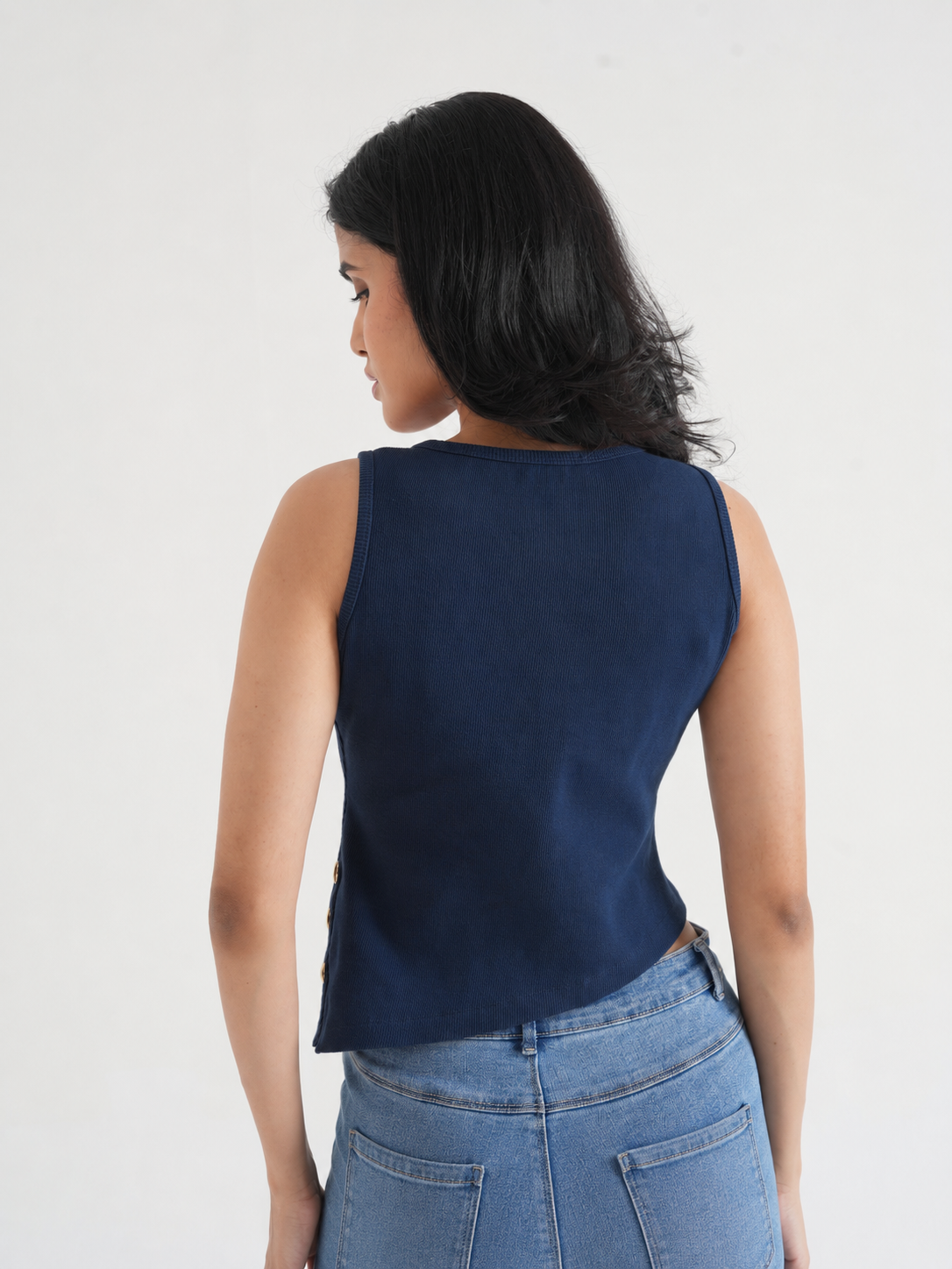 Navy Ribbed Sleeveless Side-Button Top-3