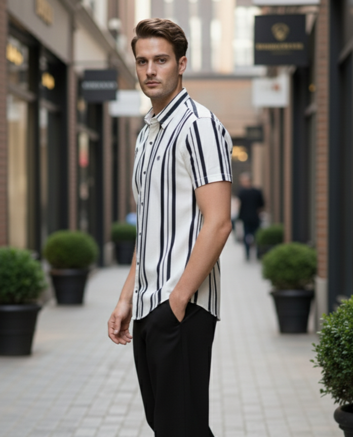 Men White & Black Striped Casual Shirt-3