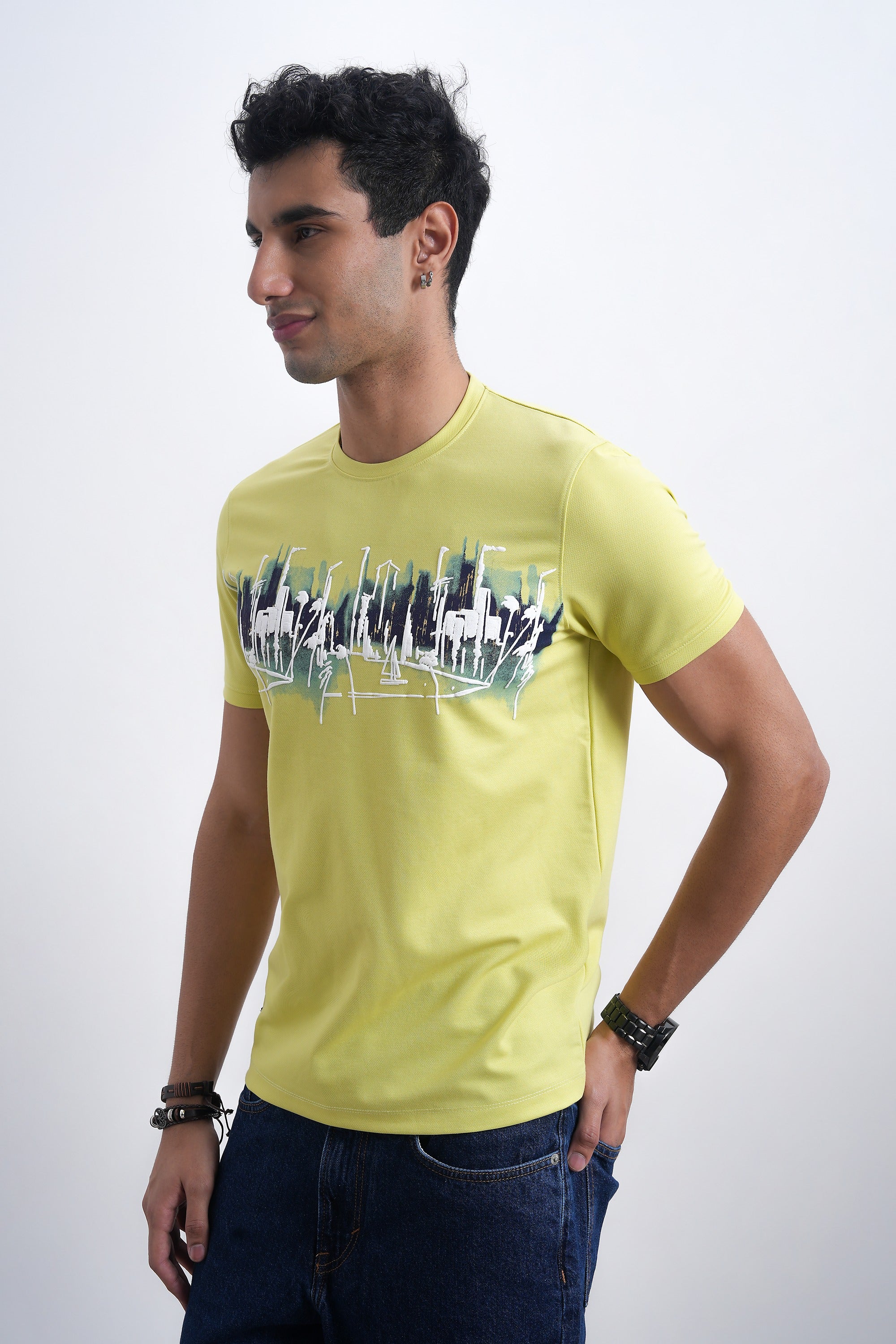 Men Lime Green Cityscape Abstract Graphic T-shirt-3