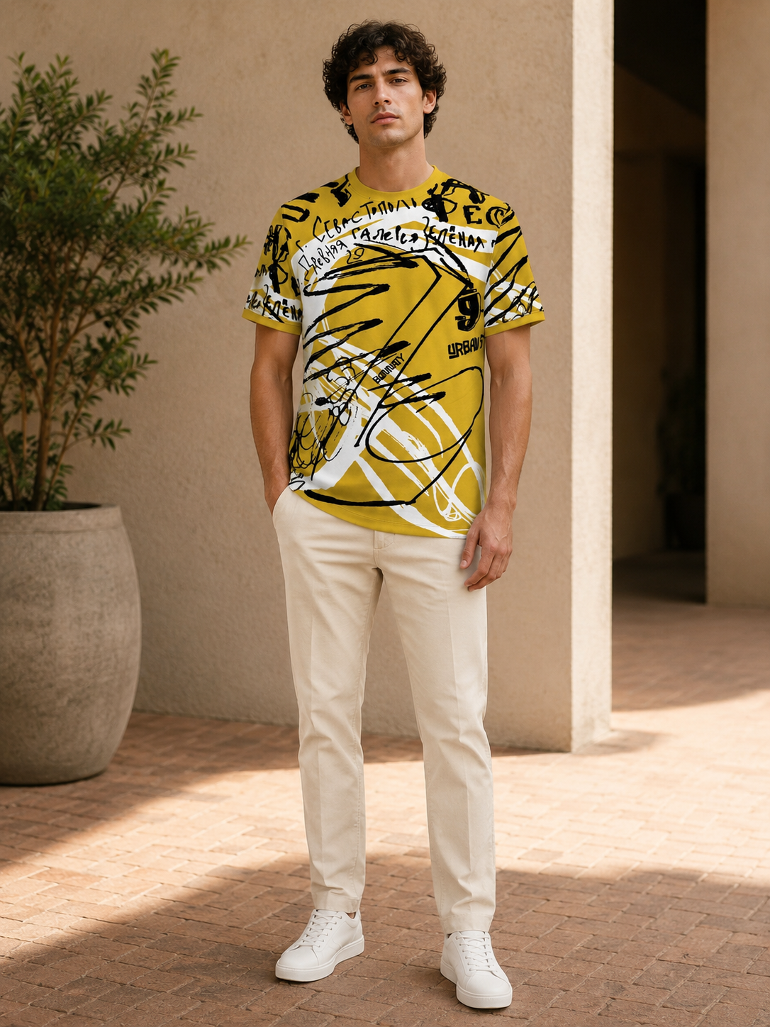 Men Mustard Yellow Abstract Scribble & Typography Printed T-Shirt-3