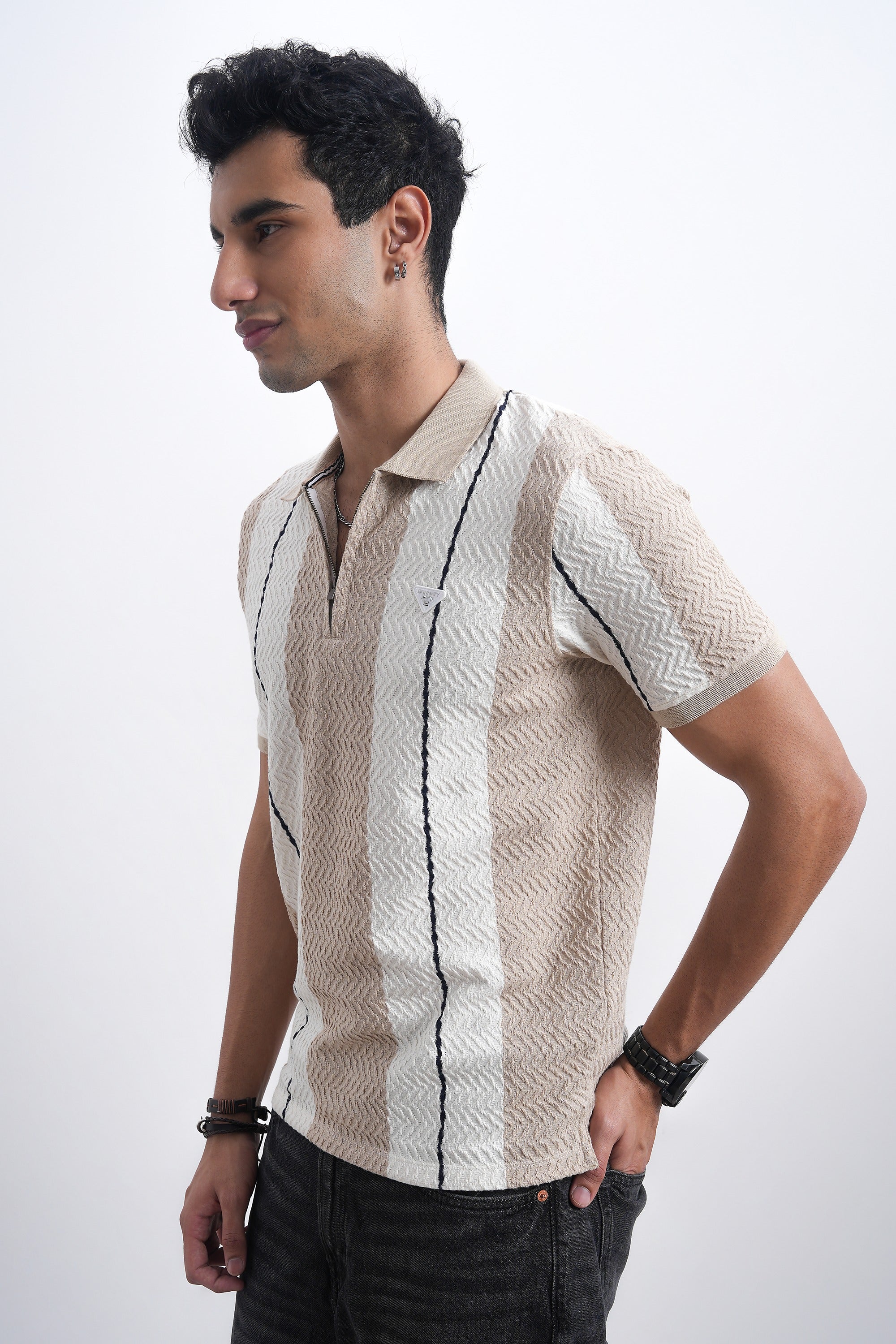 Men Textured Knit Vertical Stripe Zip Polo – Beige & Cream-4