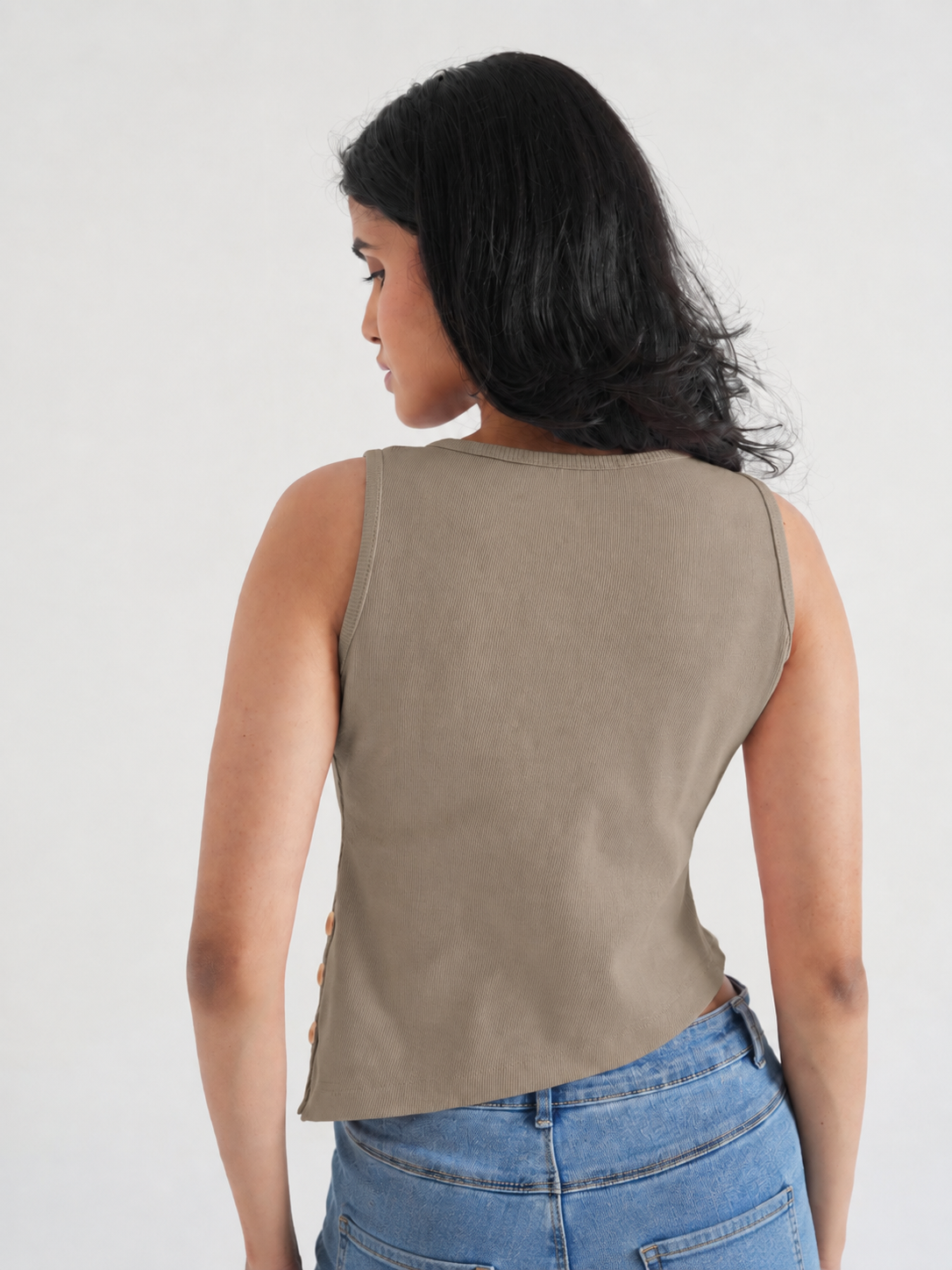 Beige Ribbed Sleeveless Side-Button Top-3