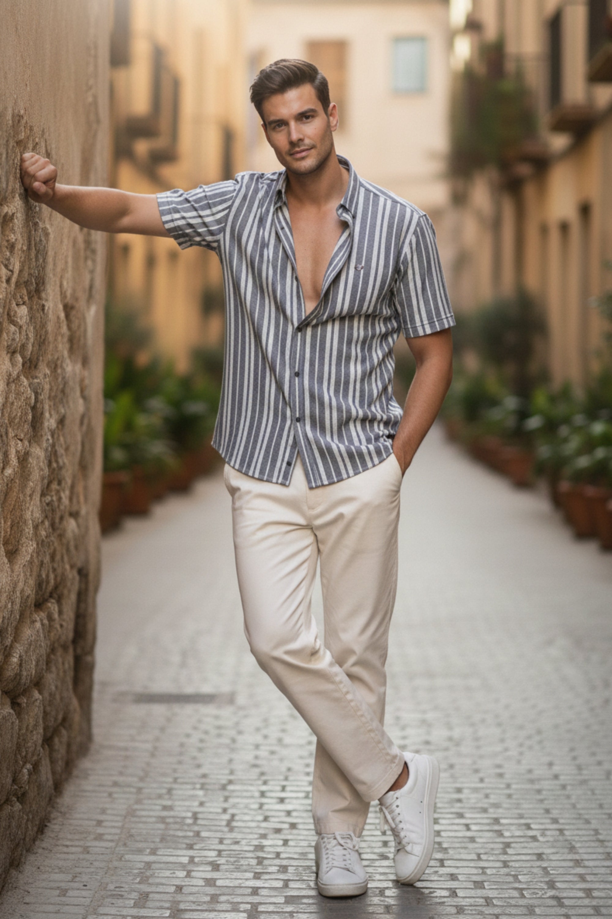 Cement & White Regular Fit Vertical Striped Shirt