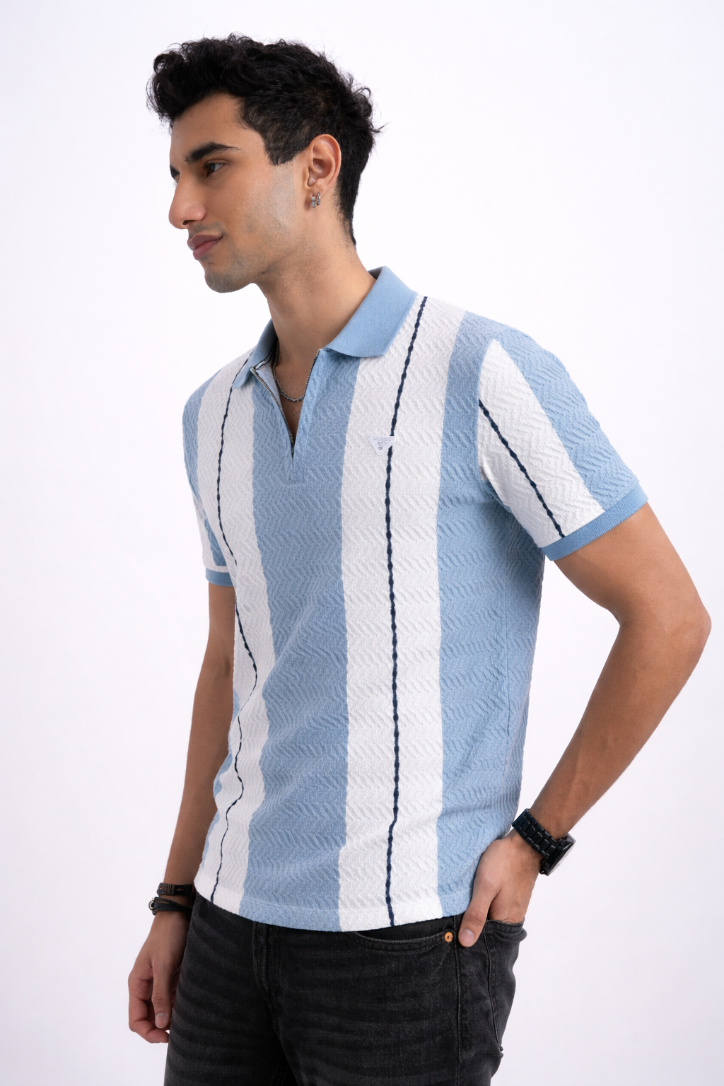 Men Textured Knit Vertical Stripe Zip Polo – Sky & Cream-4
