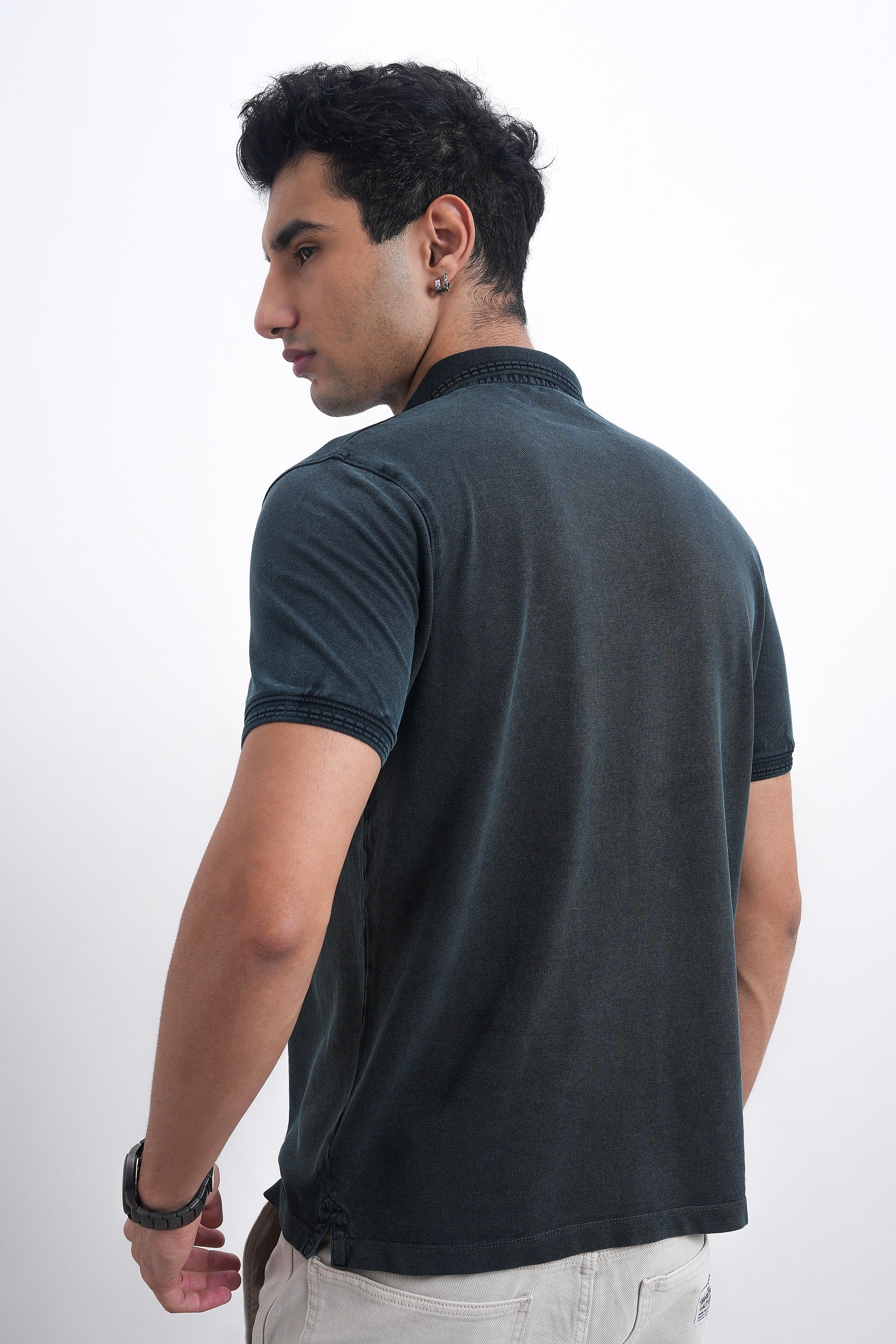 Men Textured Blue Denim Slim-Fit Polo-4