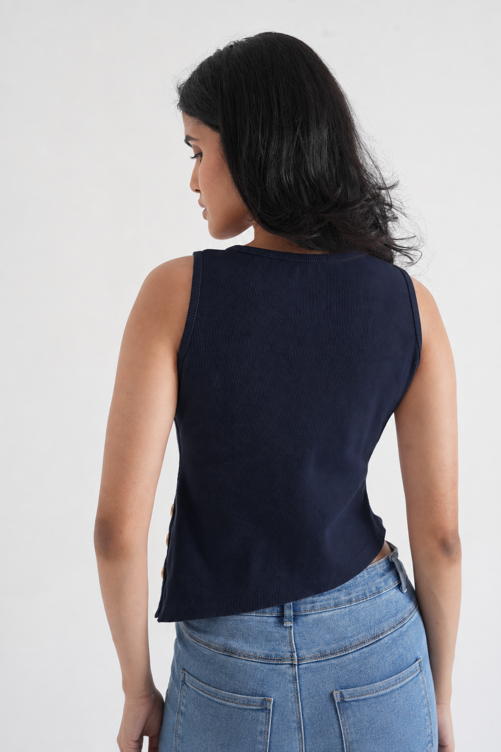 Black Ribbed Sleeveless Side-Button Top-3