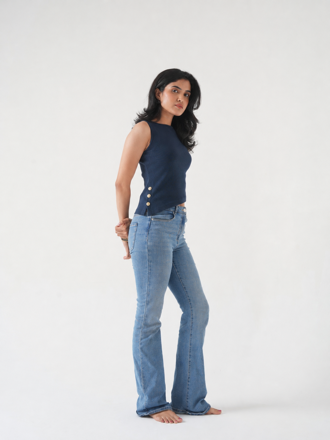 Navy Ribbed Sleeveless Side-Button Top-4