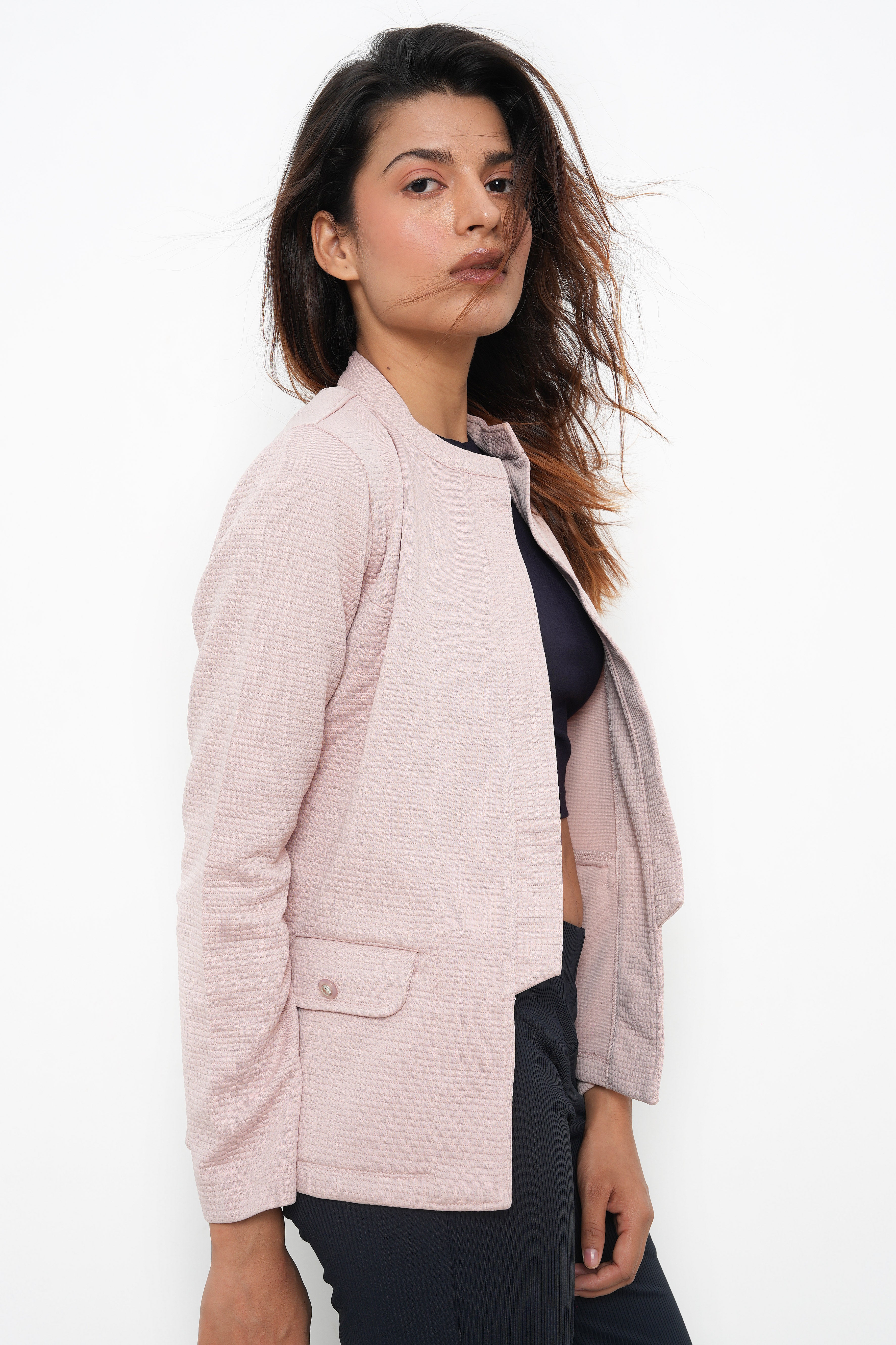 WOMEN PEACH HIGH COLLAR FRONT OPEN BLAZER-3