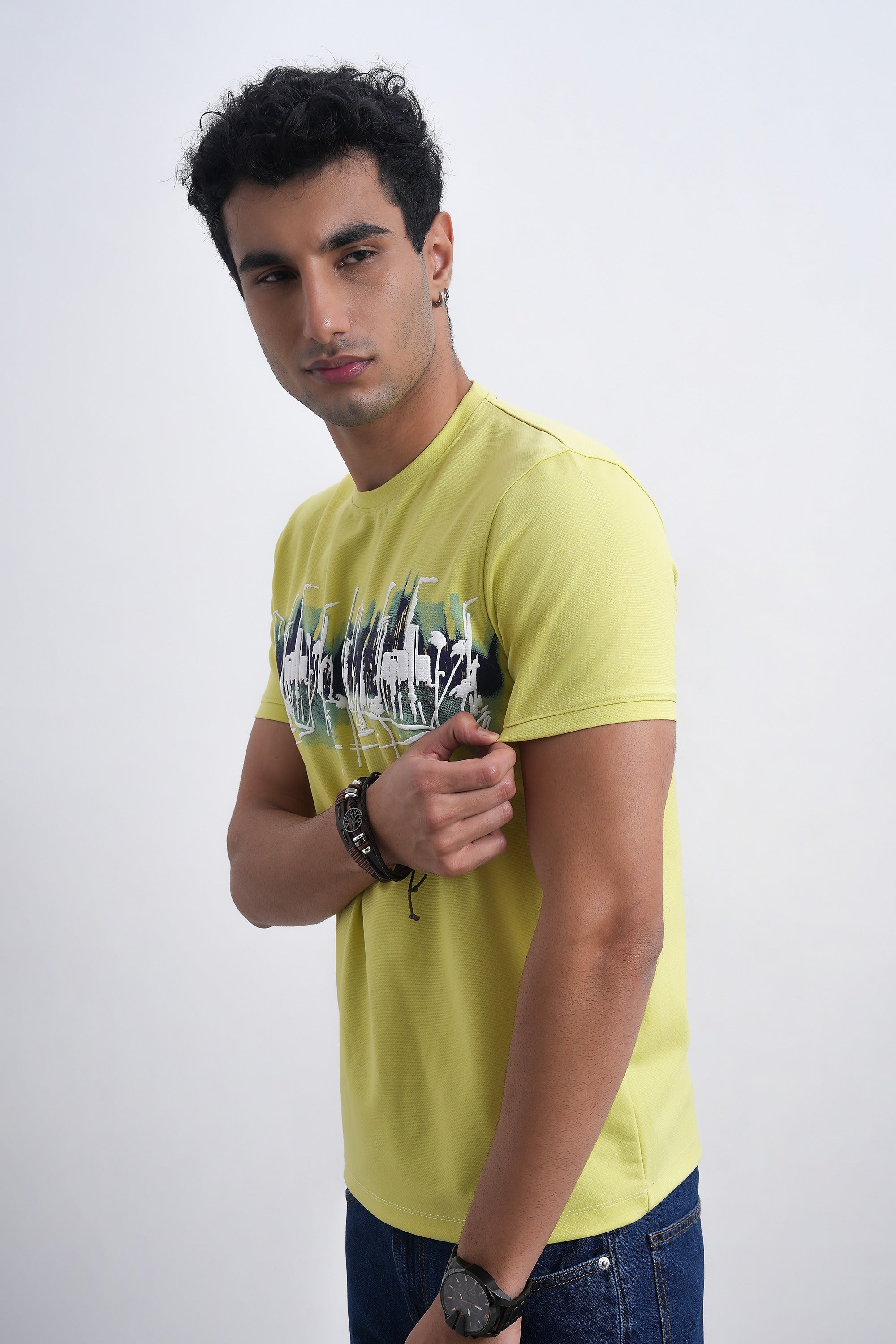 Men Lime Green Cityscape Abstract Graphic T-shirt-4