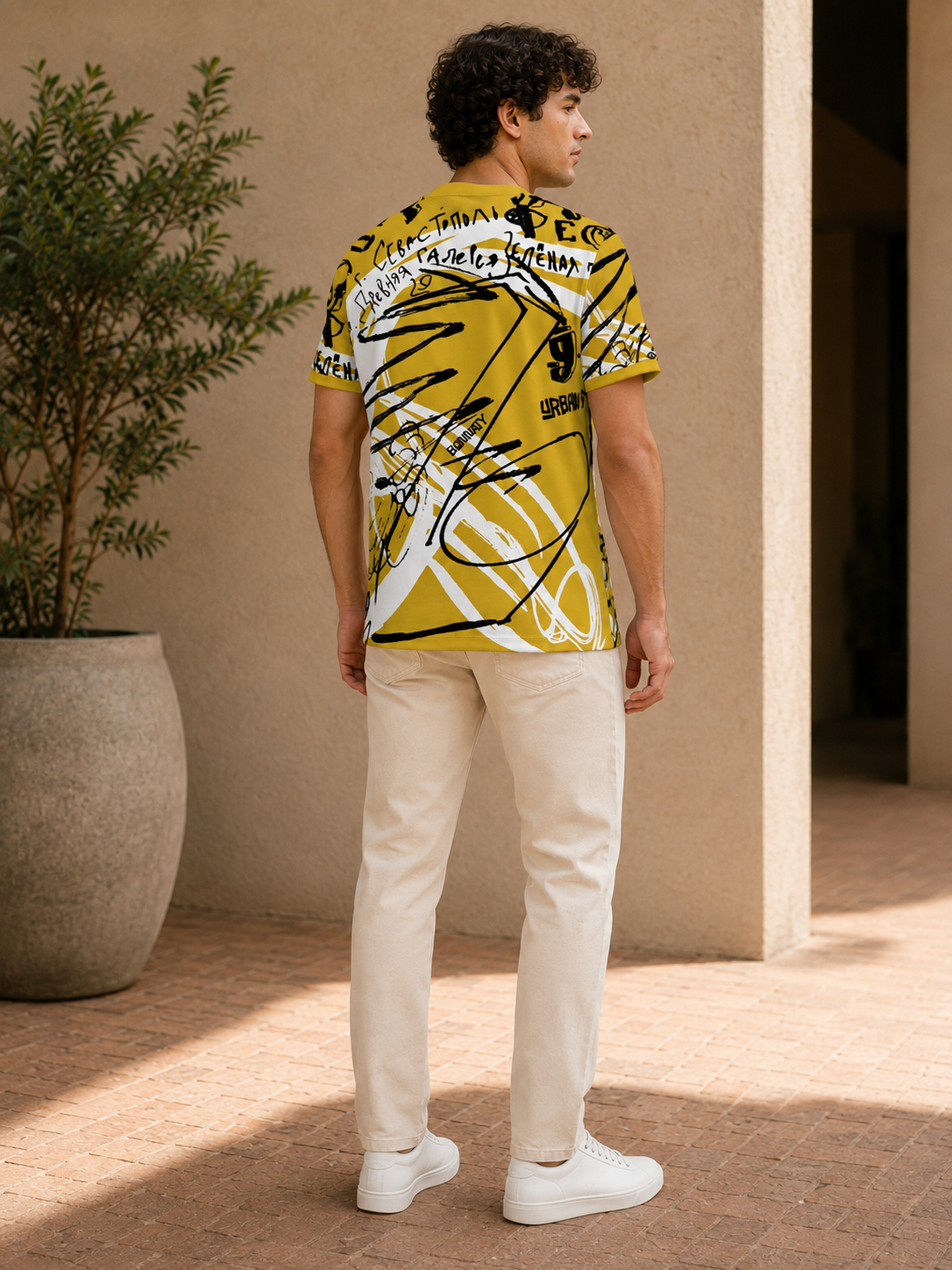 Men Mustard Yellow Abstract Scribble & Typography Printed T-Shirt-5