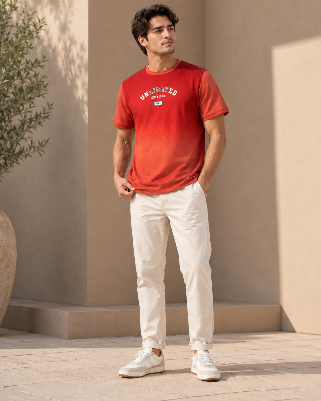 Men Rust Orange Ombre Dip-Dye UNLIMITED EDITIONS Chest Print T-Shirt-4