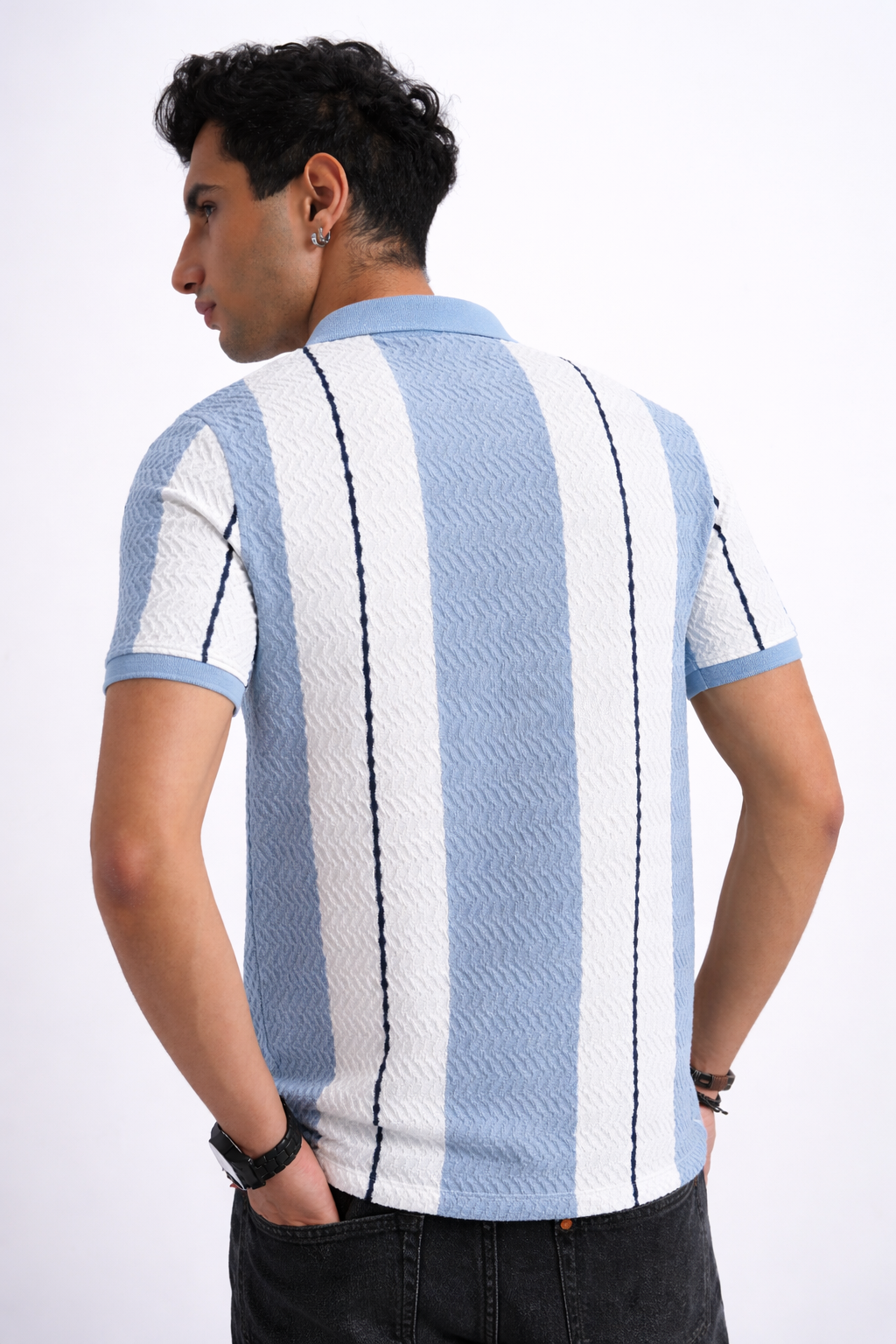 Men Textured Knit Vertical Stripe Zip Polo – Sky & Cream-5