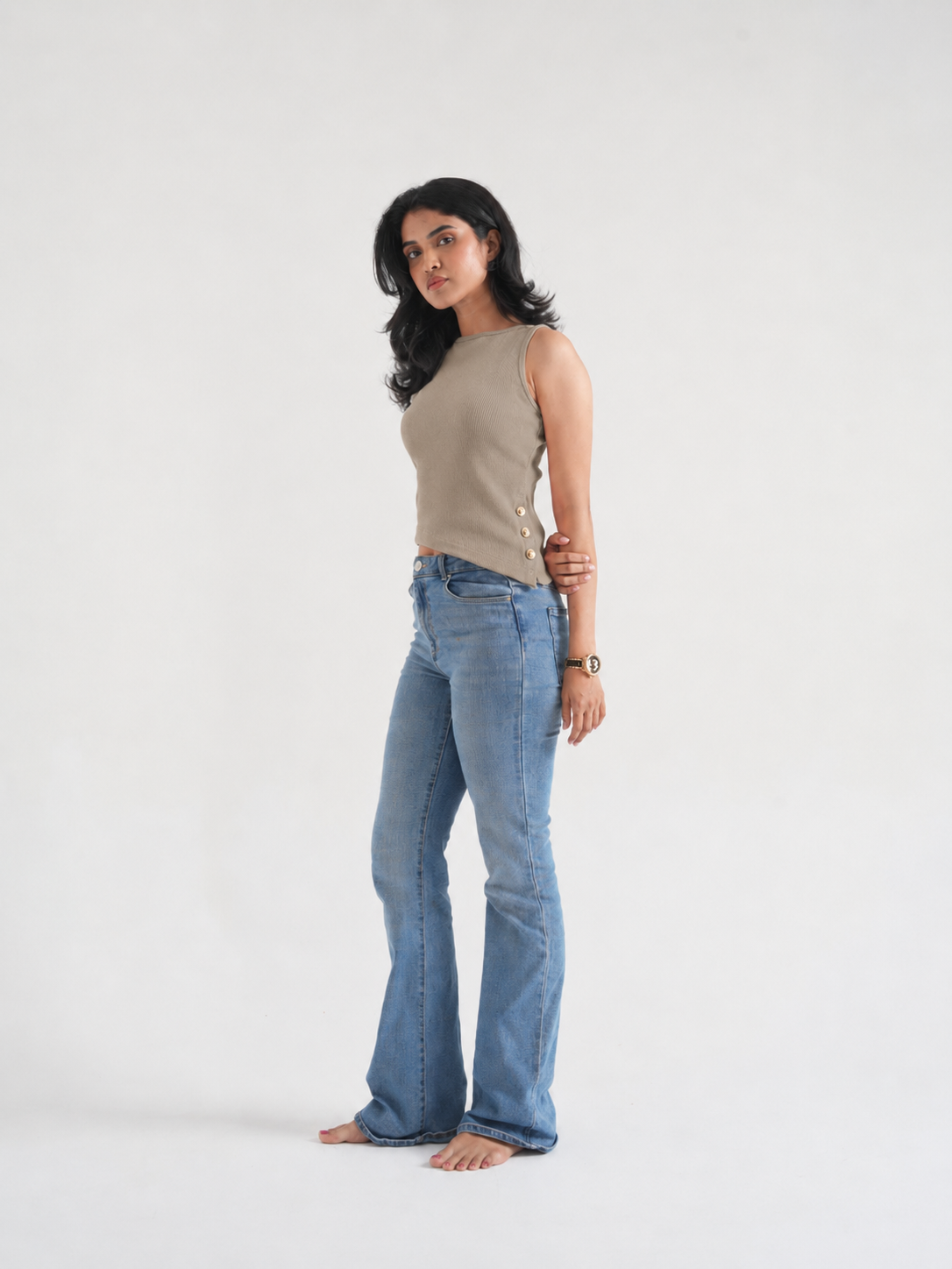 Beige Ribbed Sleeveless Side-Button Top-4