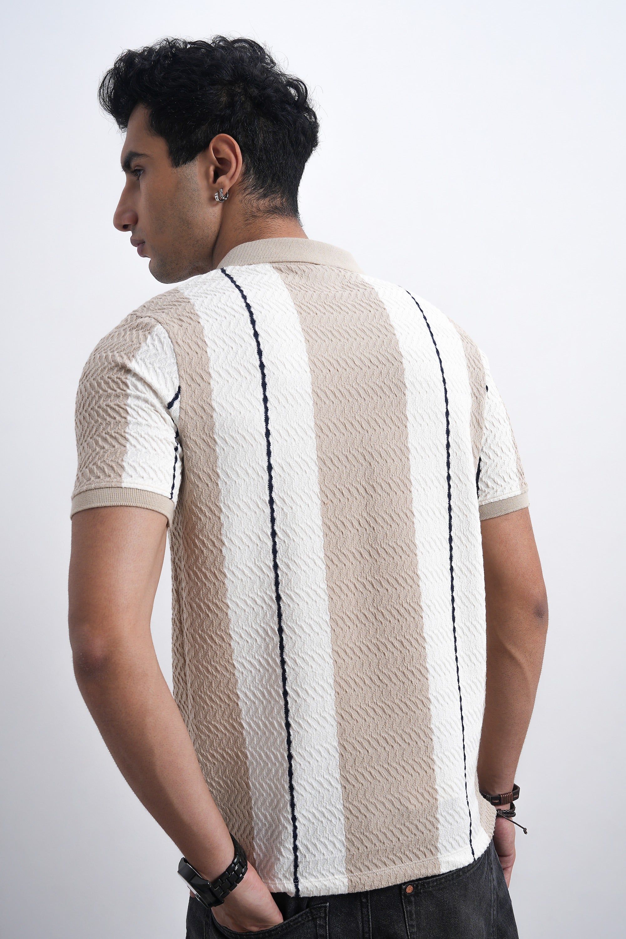 Men Textured Knit Vertical Stripe Zip Polo – Beige & Cream-5