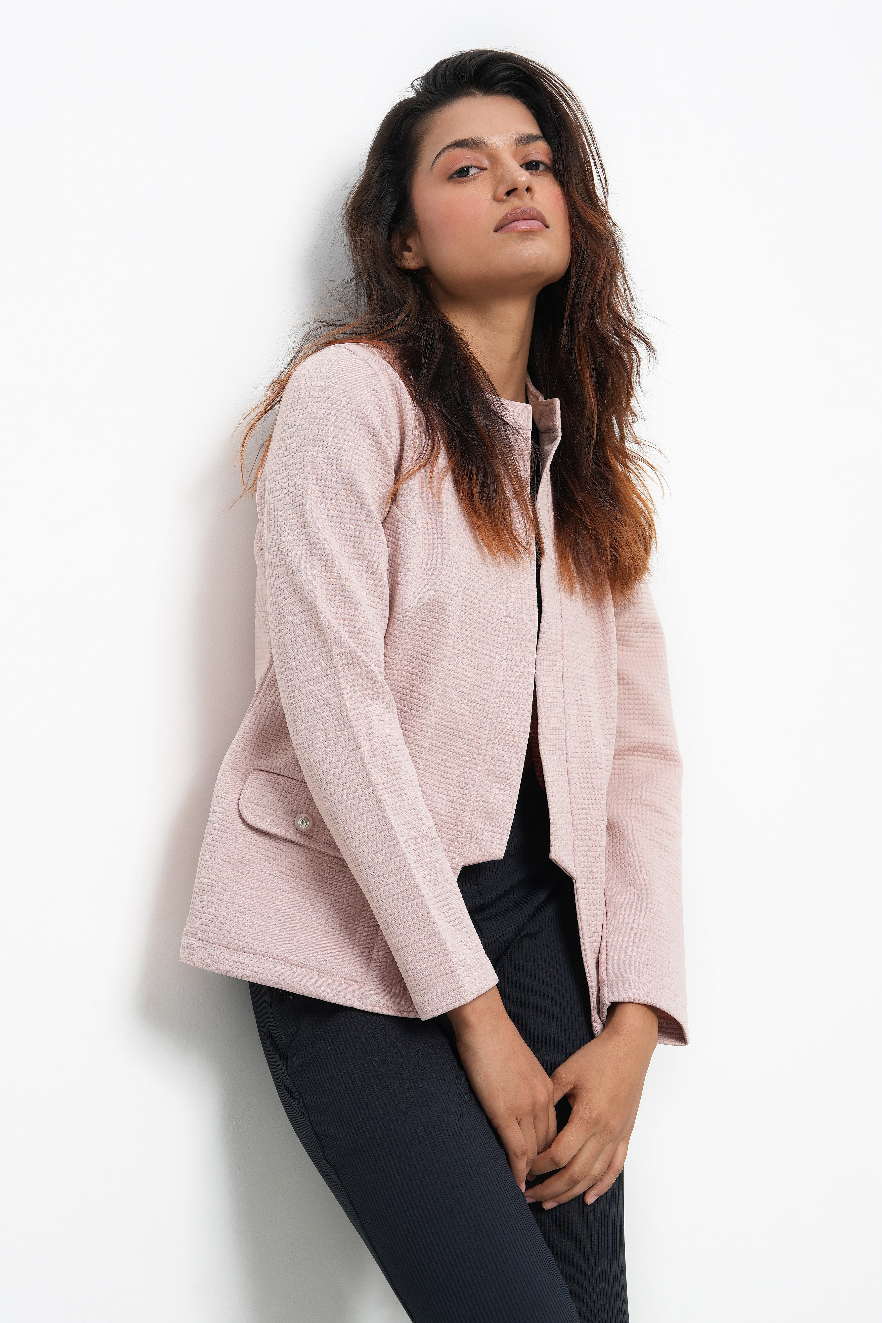WOMEN PEACH HIGH COLLAR FRONT OPEN BLAZER-4