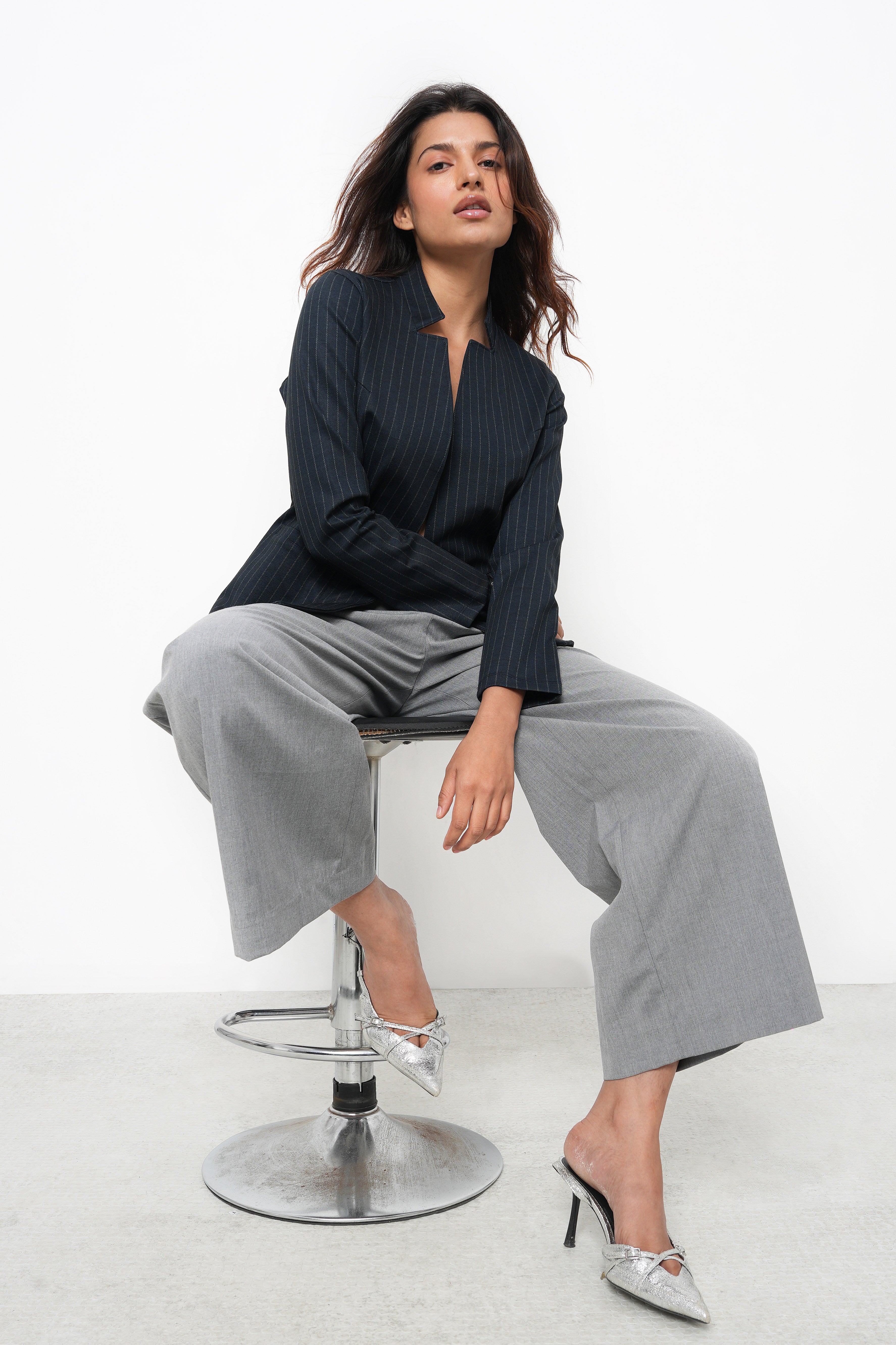 NAVY STRIPE FRONT OPEN BLAZER-5