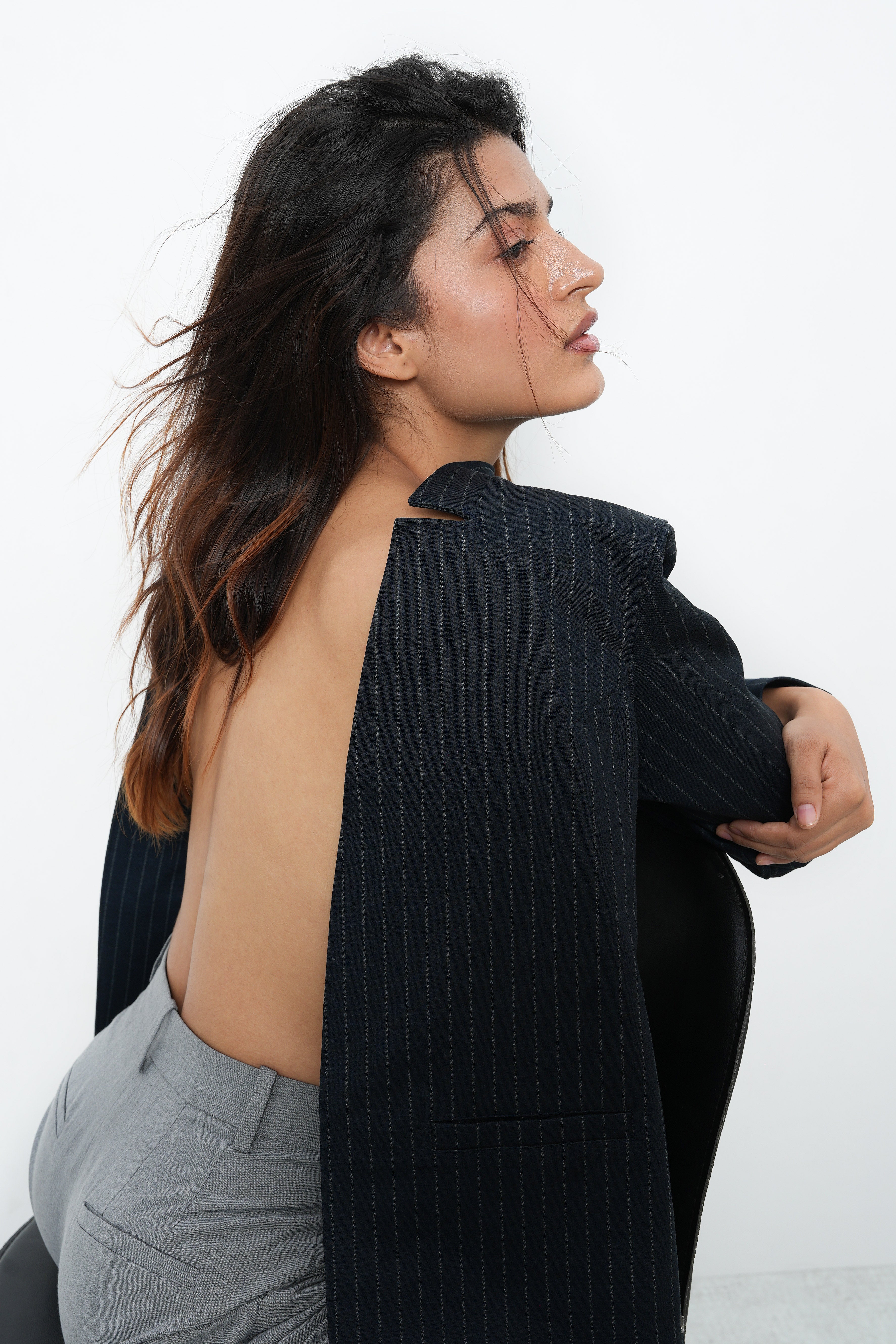 NAVY STRIPE FRONT OPEN BLAZER-4