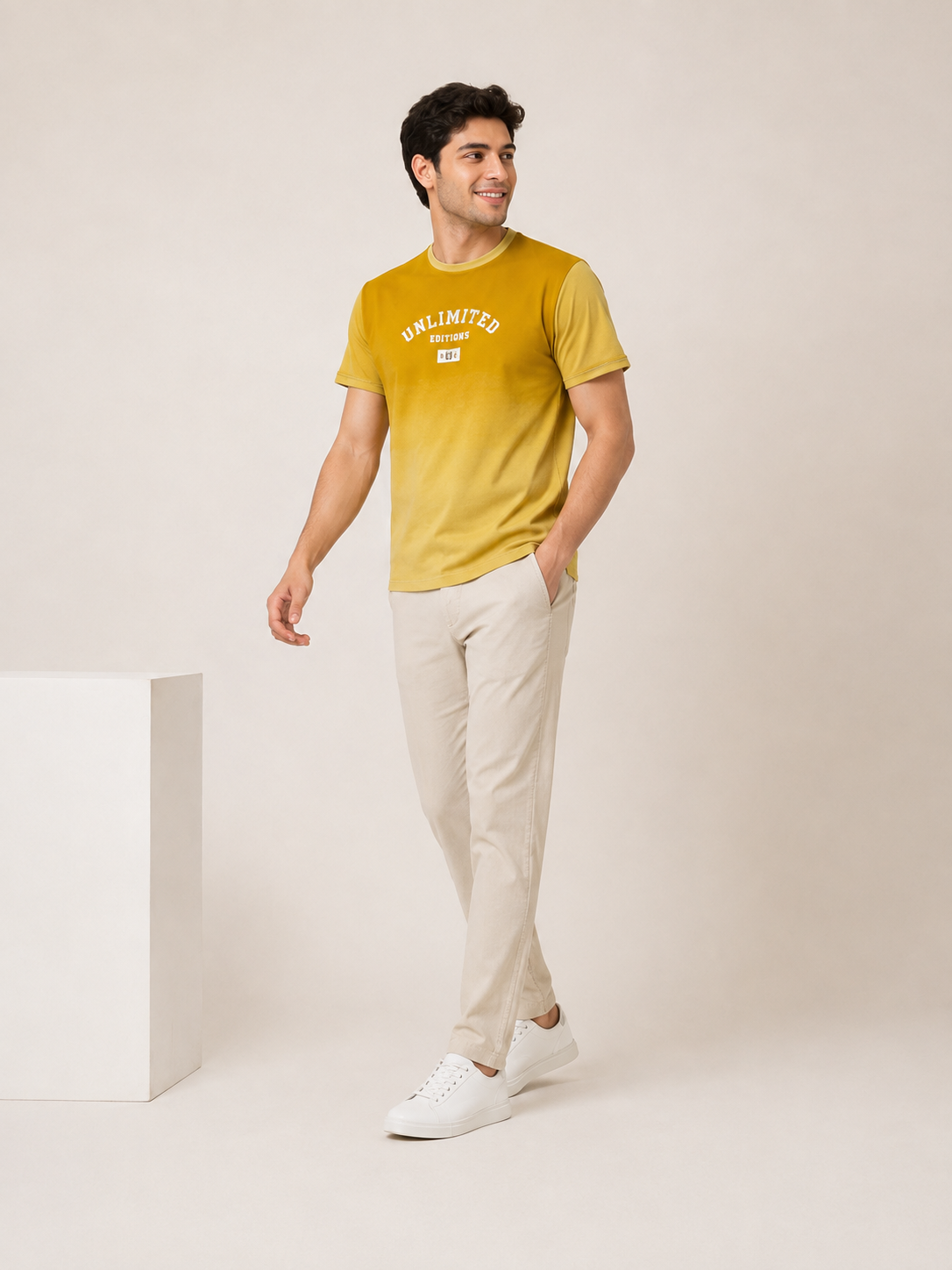 Men Mustard Yellow Ombre Dip-Dye UNLIMITED EDITIONS Chest Print T-Shirt-3