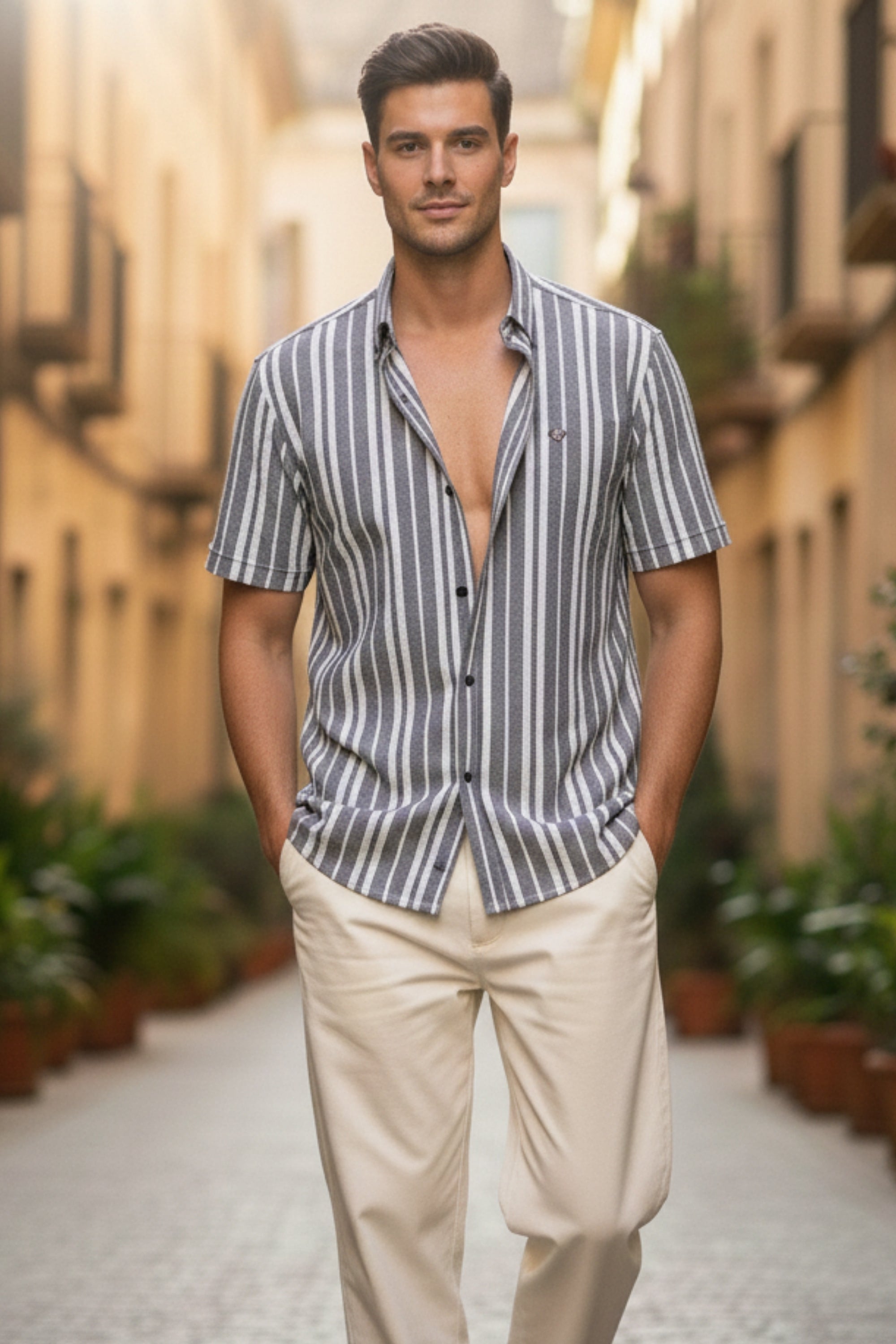 Cement & White Regular Fit Vertical Striped Shirt-4
