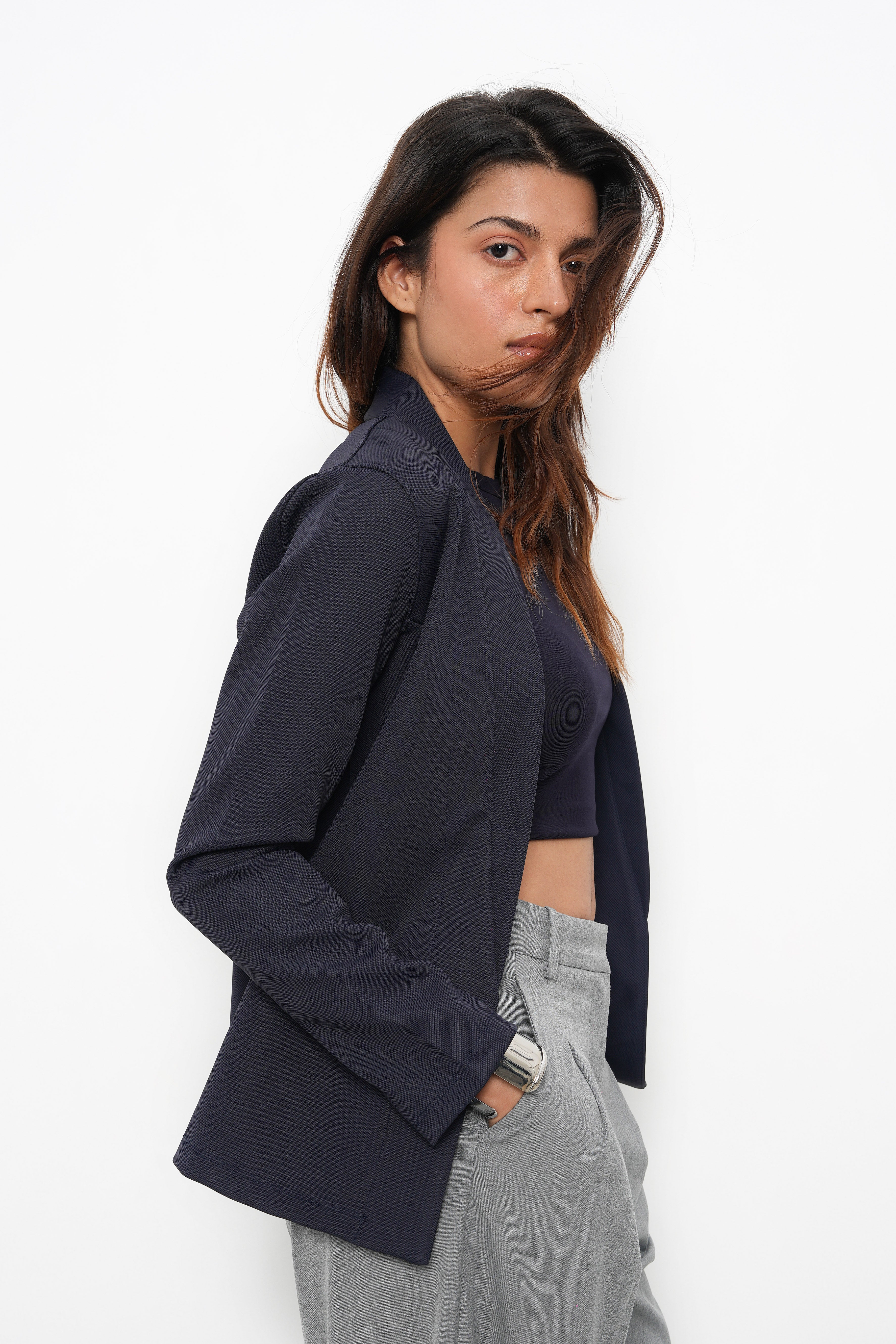 WOMEN NAVY SLIM FIT CASUAL BLAZER-5