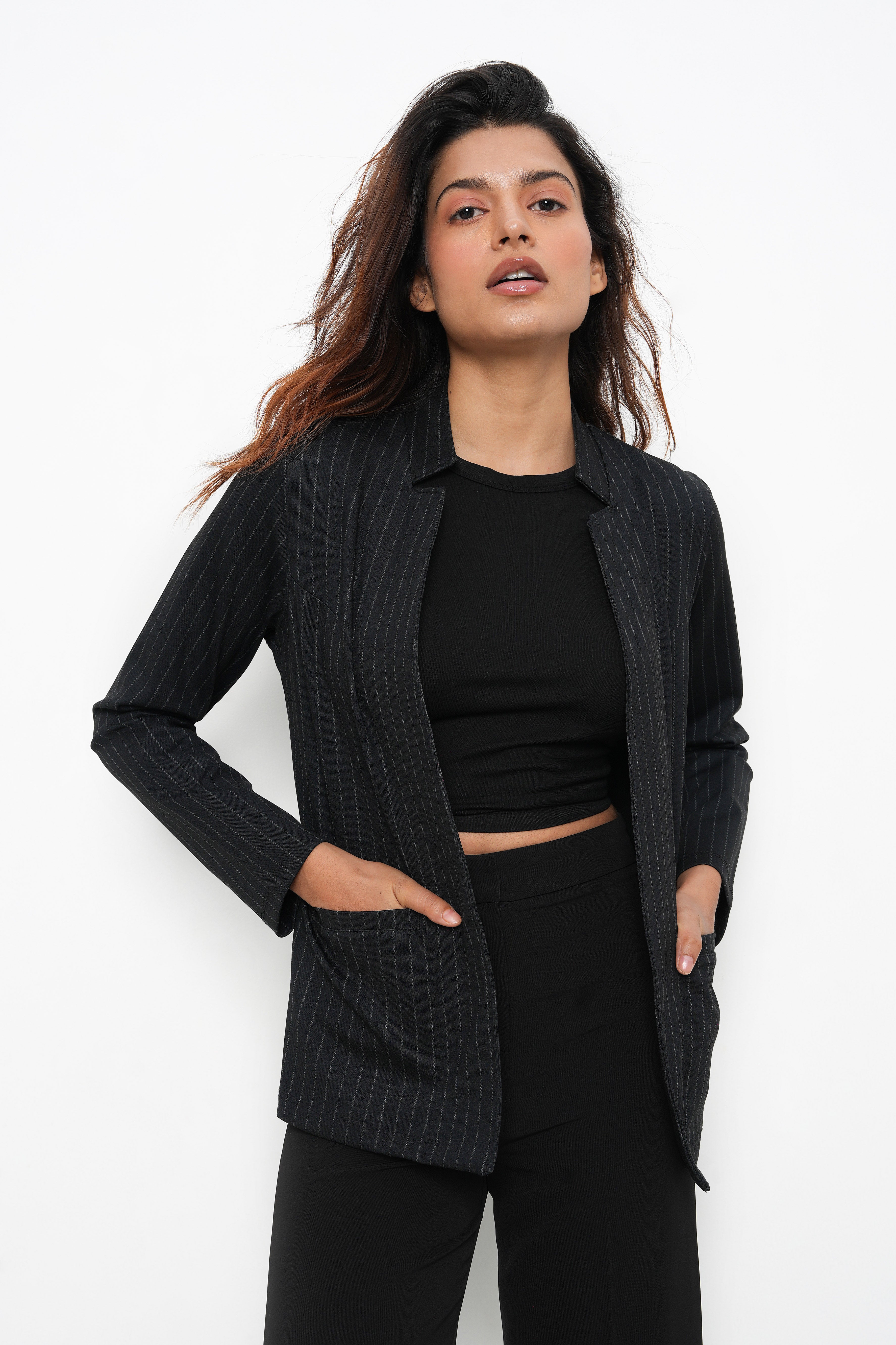 BLACK STRIPE FRONT OPEN BLAZER-7