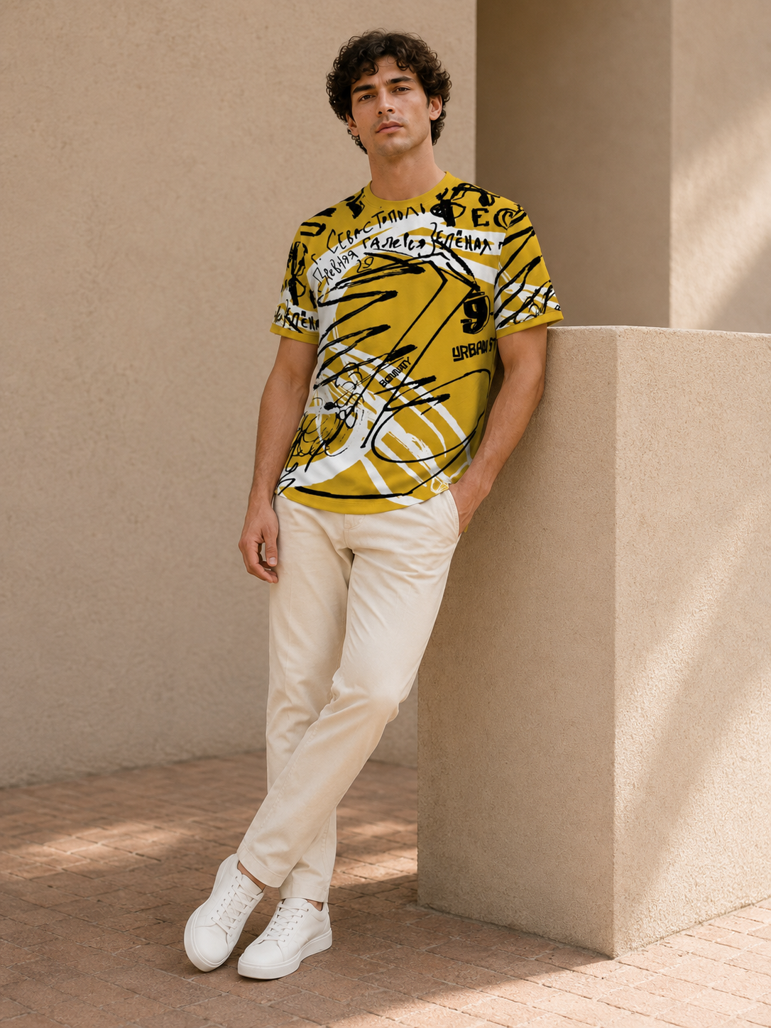 Men Mustard Yellow Abstract Scribble & Typography Printed T-Shirt