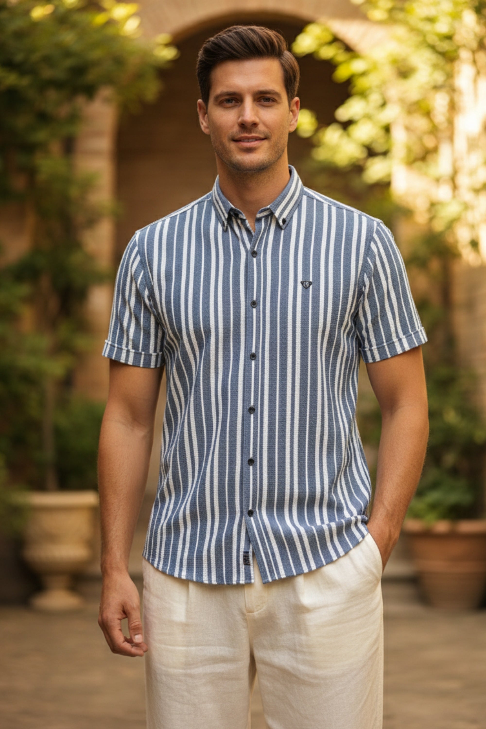 Slate & White Regular Fit Vertical Striped Shirt