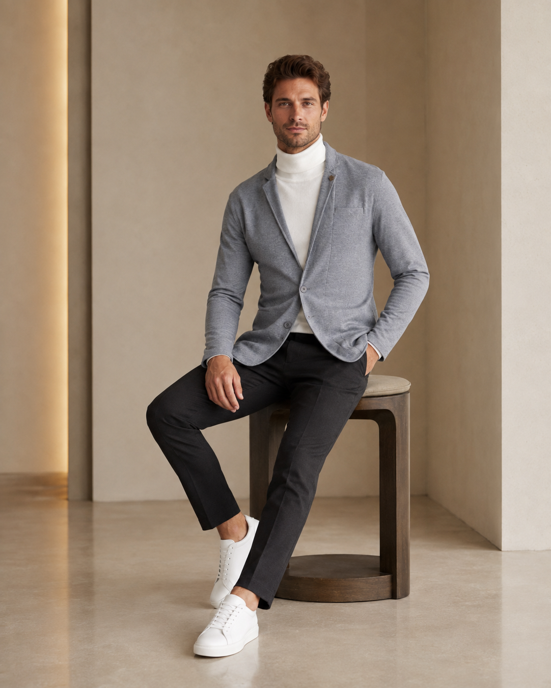 Men Grey Single-Breasted Textured Blazer for Smart Casual Wear