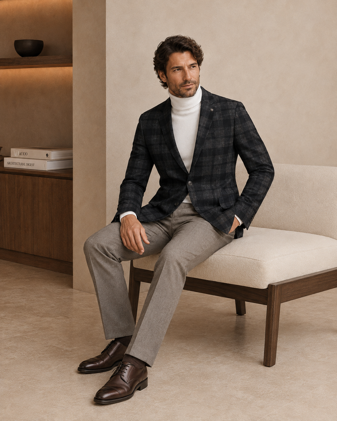 Men Charcoal & Dark Beige Checked Single-Breasted Casual Blazer-1