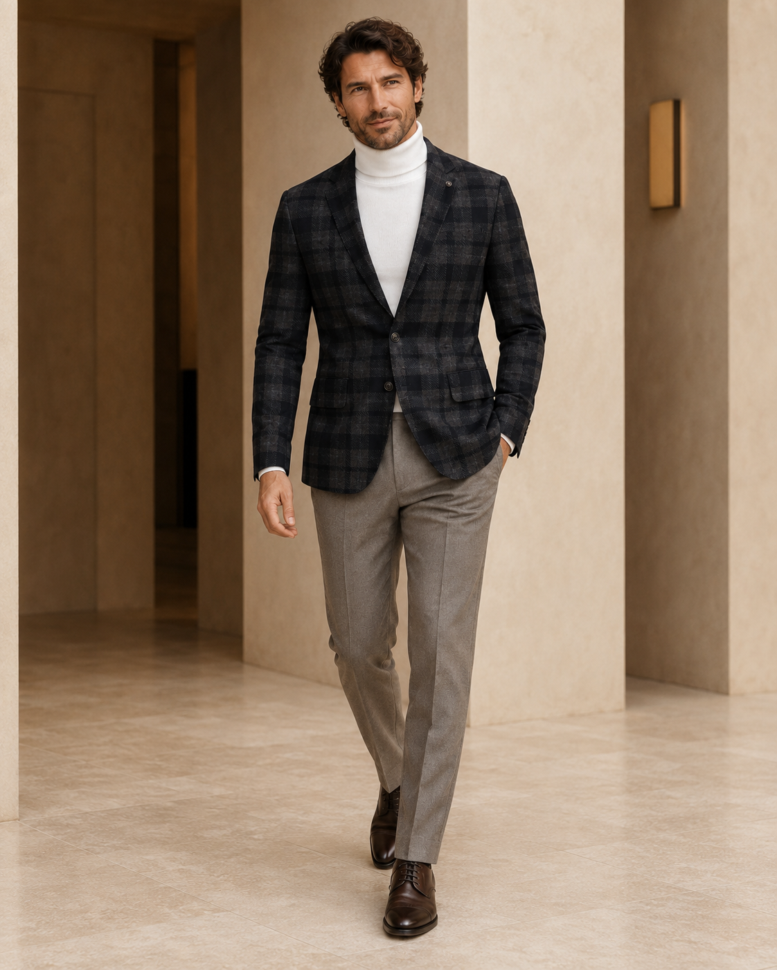 Men Charcoal & Dark Beige Checked Single-Breasted Casual Blazer-3