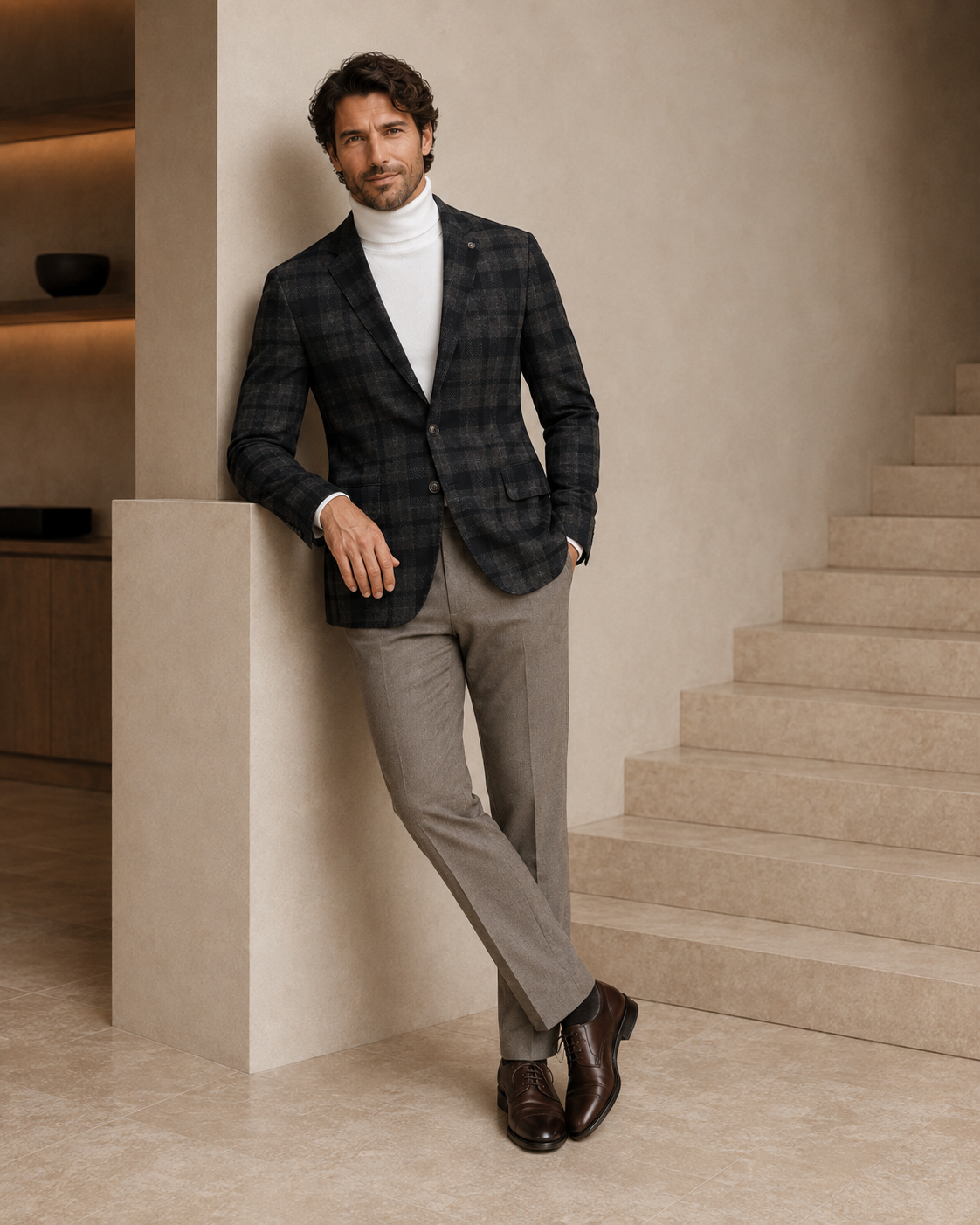 Men Charcoal & Dark Beige Checked Single-Breasted Casual Blazer-2