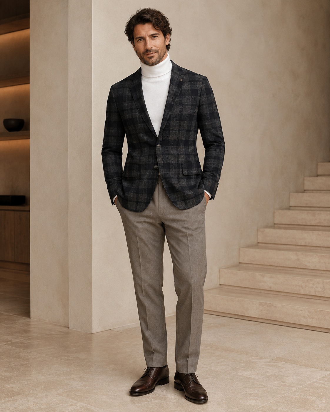 Men Charcoal & Dark Beige Checked Single-Breasted Casual Blazer-4