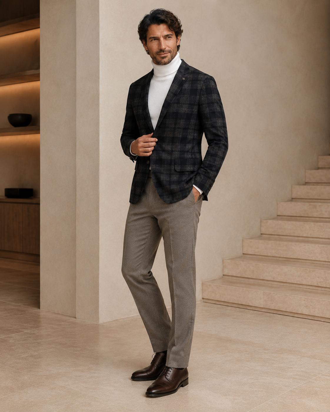 Men Charcoal & Dark Beige Checked Single-Breasted Casual Blazer-5