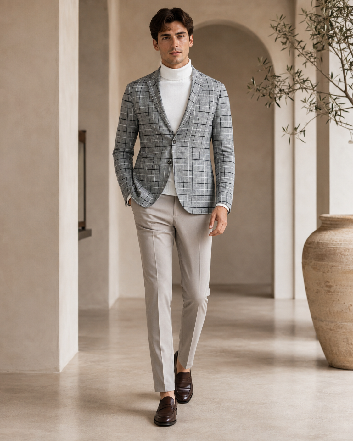 Men Grey Windowpane Checked Single-Breasted Casual Blazer-3