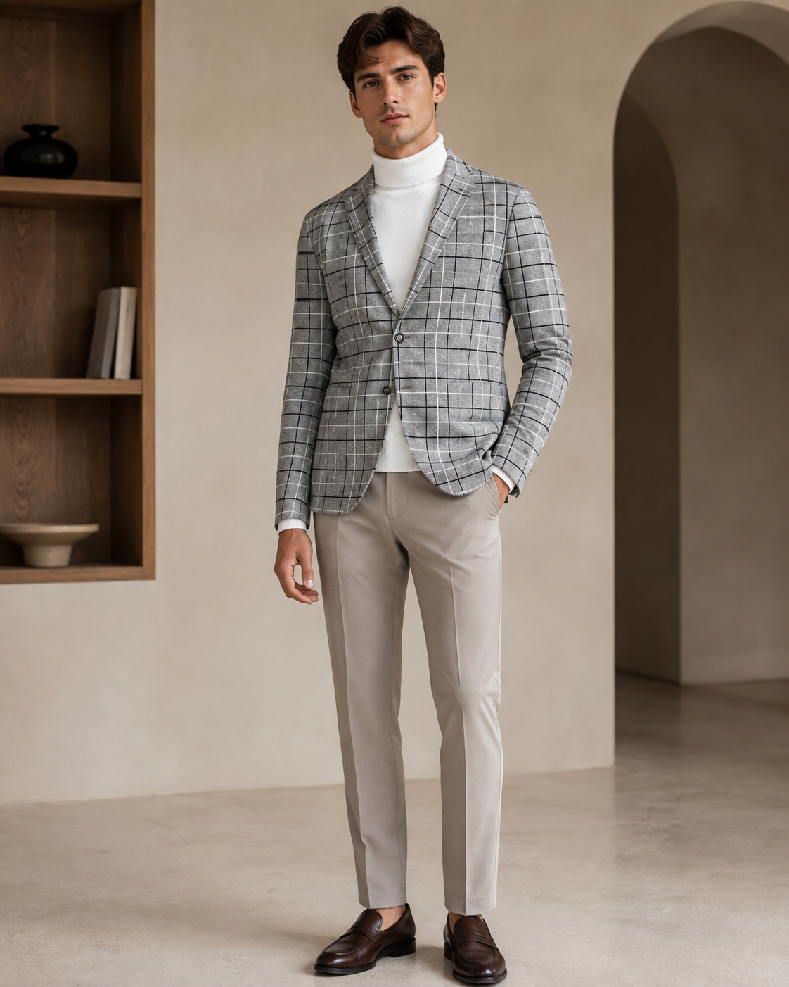 Men Grey Windowpane Checked Single-Breasted Casual Blazer-4