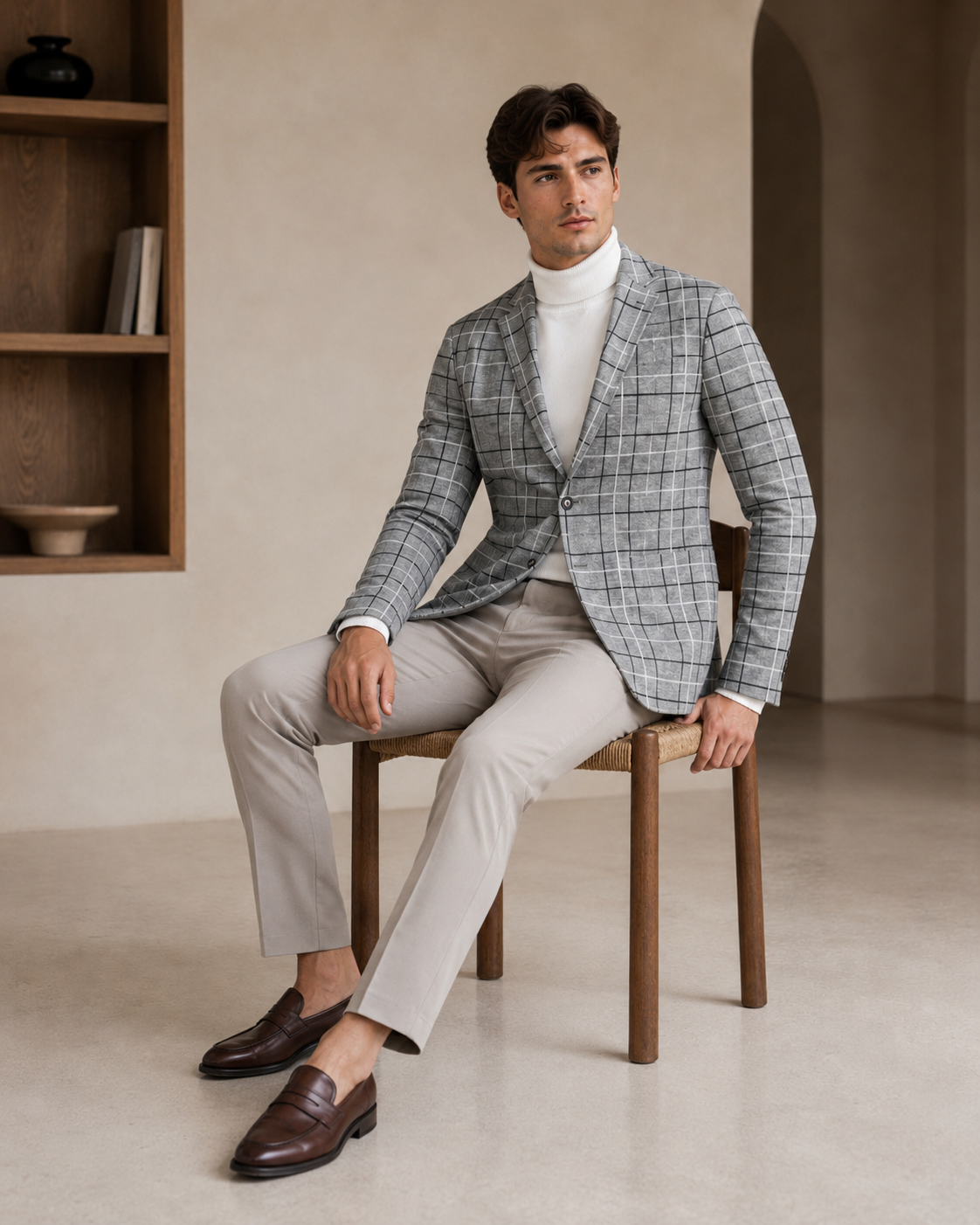 Men Grey Windowpane Checked Single-Breasted Casual Blazer