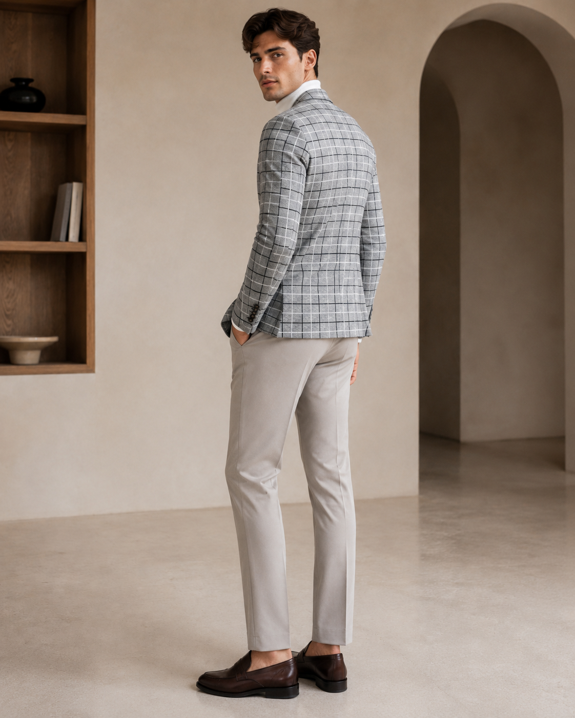 Men Grey Windowpane Checked Single-Breasted Casual Blazer-5