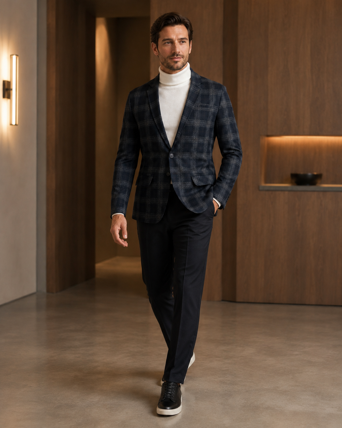 Men Dark Charcoal & Brown Plaid Checked Single-Breasted Casual Blazer-3