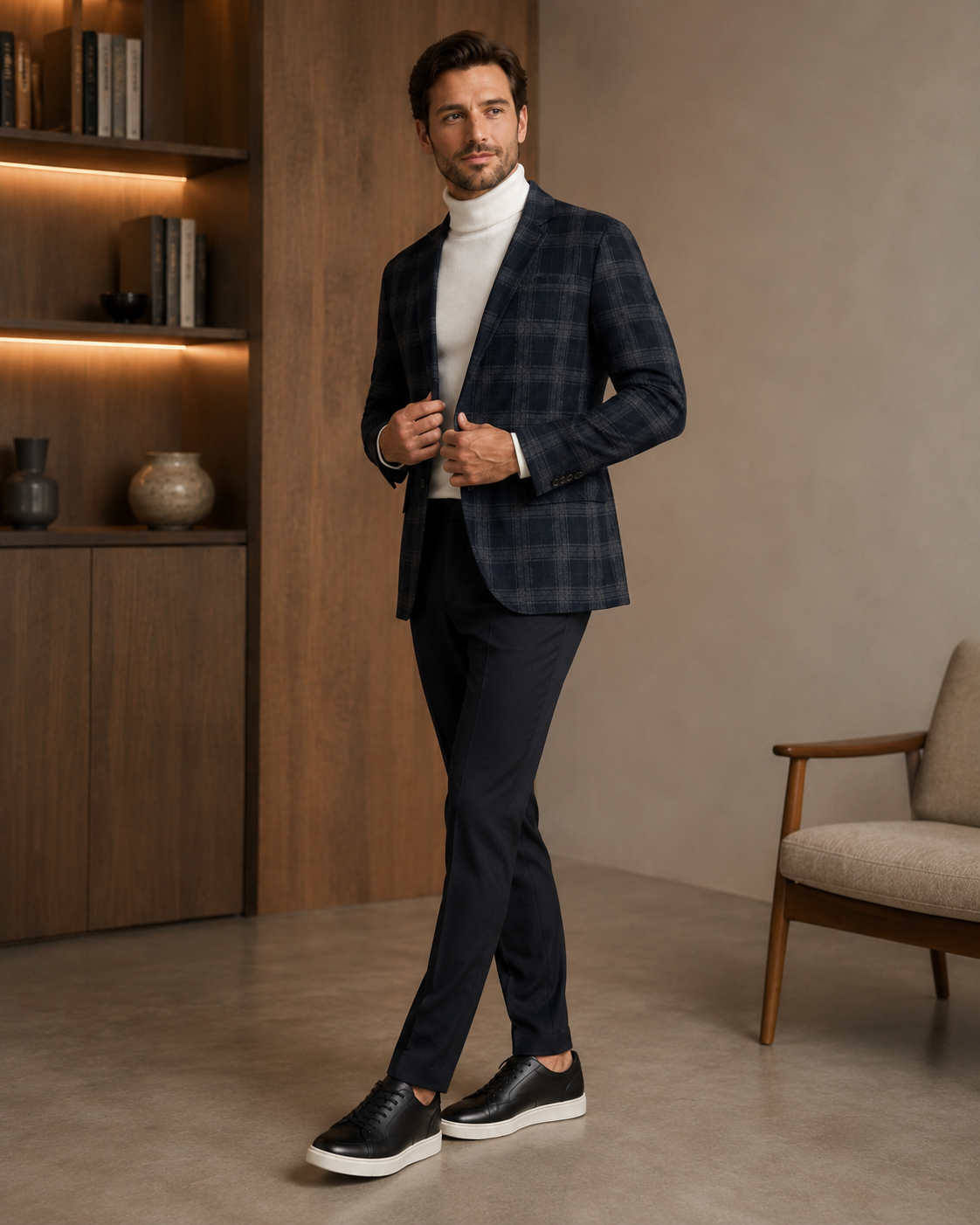 Men Dark Charcoal & Brown Plaid Checked Single-Breasted Casual Blazer-4