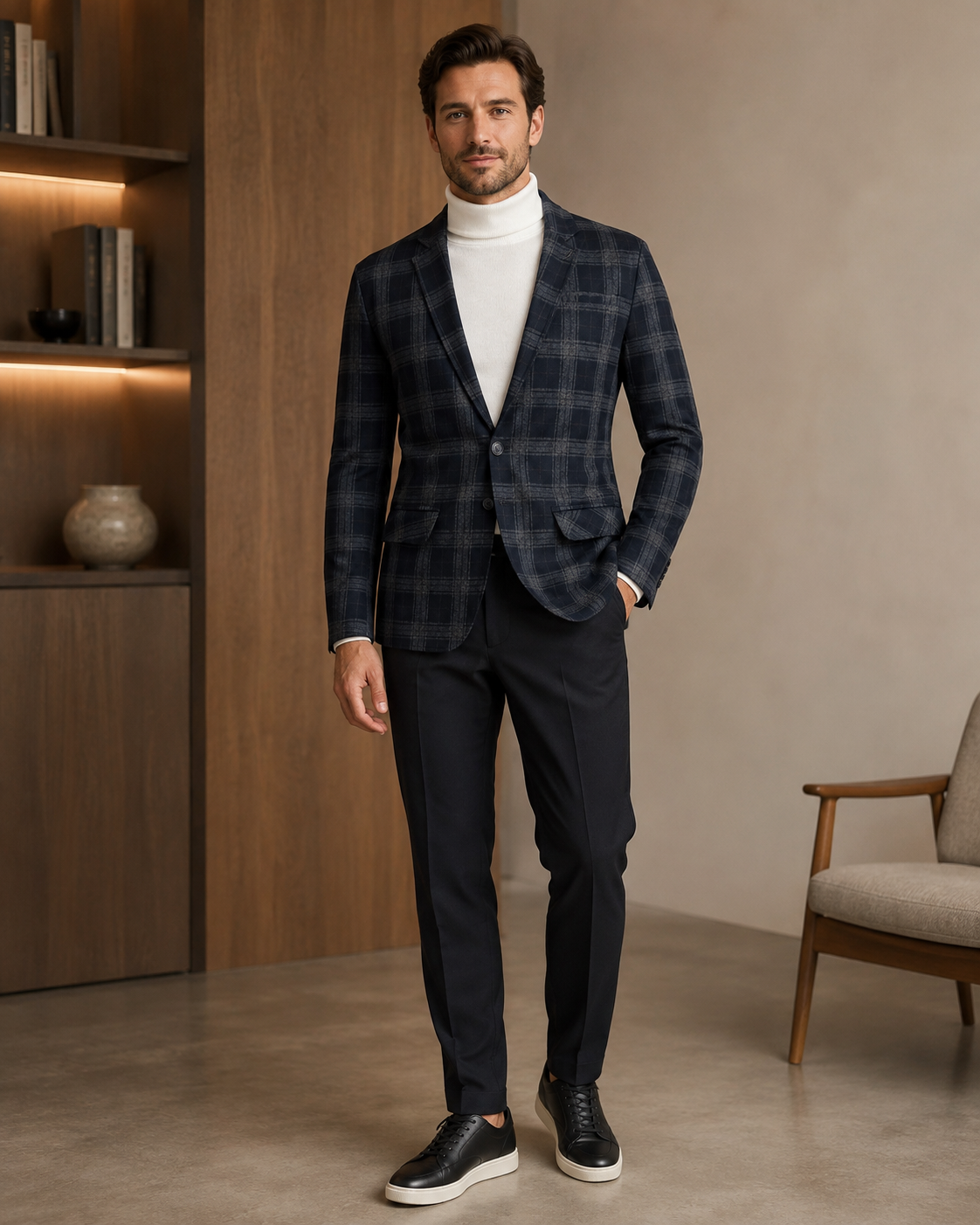 Men Dark Charcoal & Brown Plaid Checked Single-Breasted Casual Blazer-5
